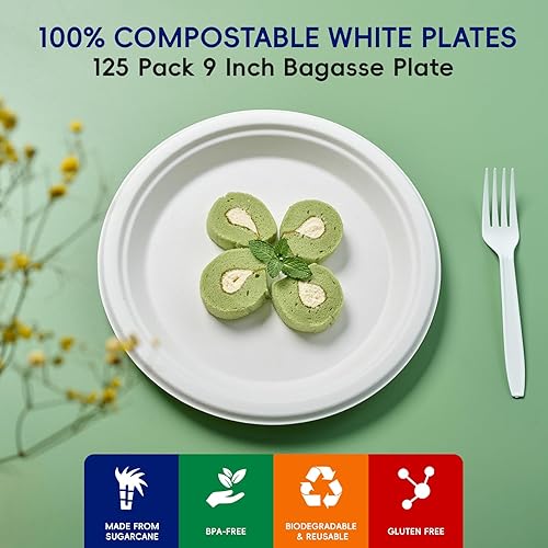 Miniatura 2 de JOLLY CHEF Platos compostables resistentes de 9 pulgadas paquete de 125 Platos ecológicos desechables de papel natural, platos biodegradables de