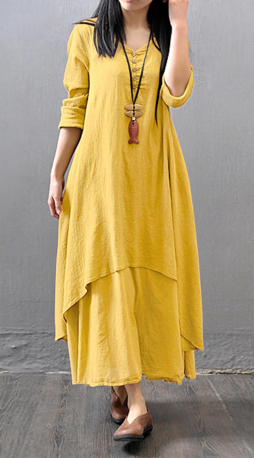 R.Vivimos Women Long Sleeve Cotton Casual Loose Plus Size Irregular Long Dresses - Image 2