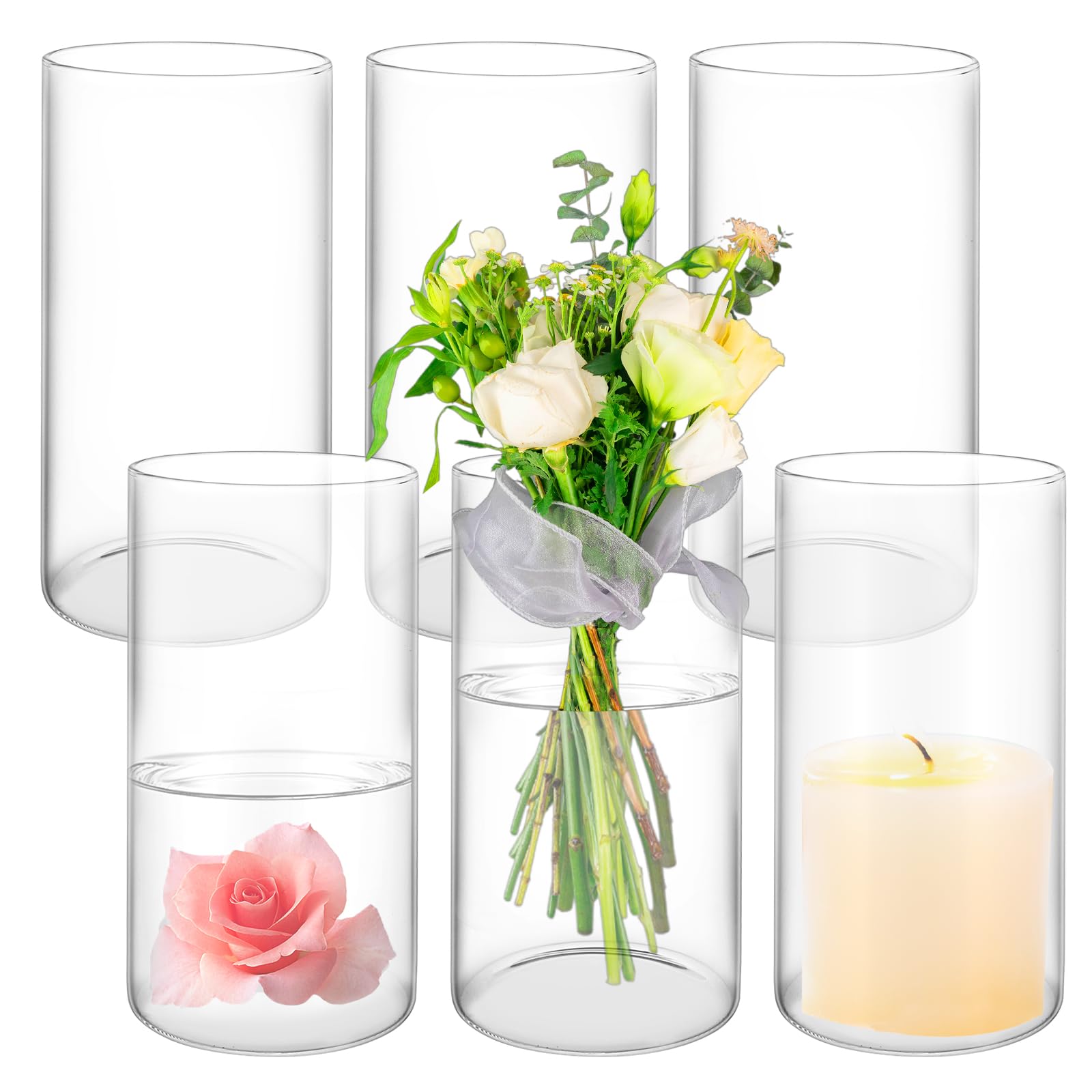 APACALI 6 vasi in vetro grande, 20 x 10 cm, cilindrici, in vetro trasparente, rotondi, sottili, per orchidee, rose, tulipani, erba della pampa, decorazione da tavolo, candele