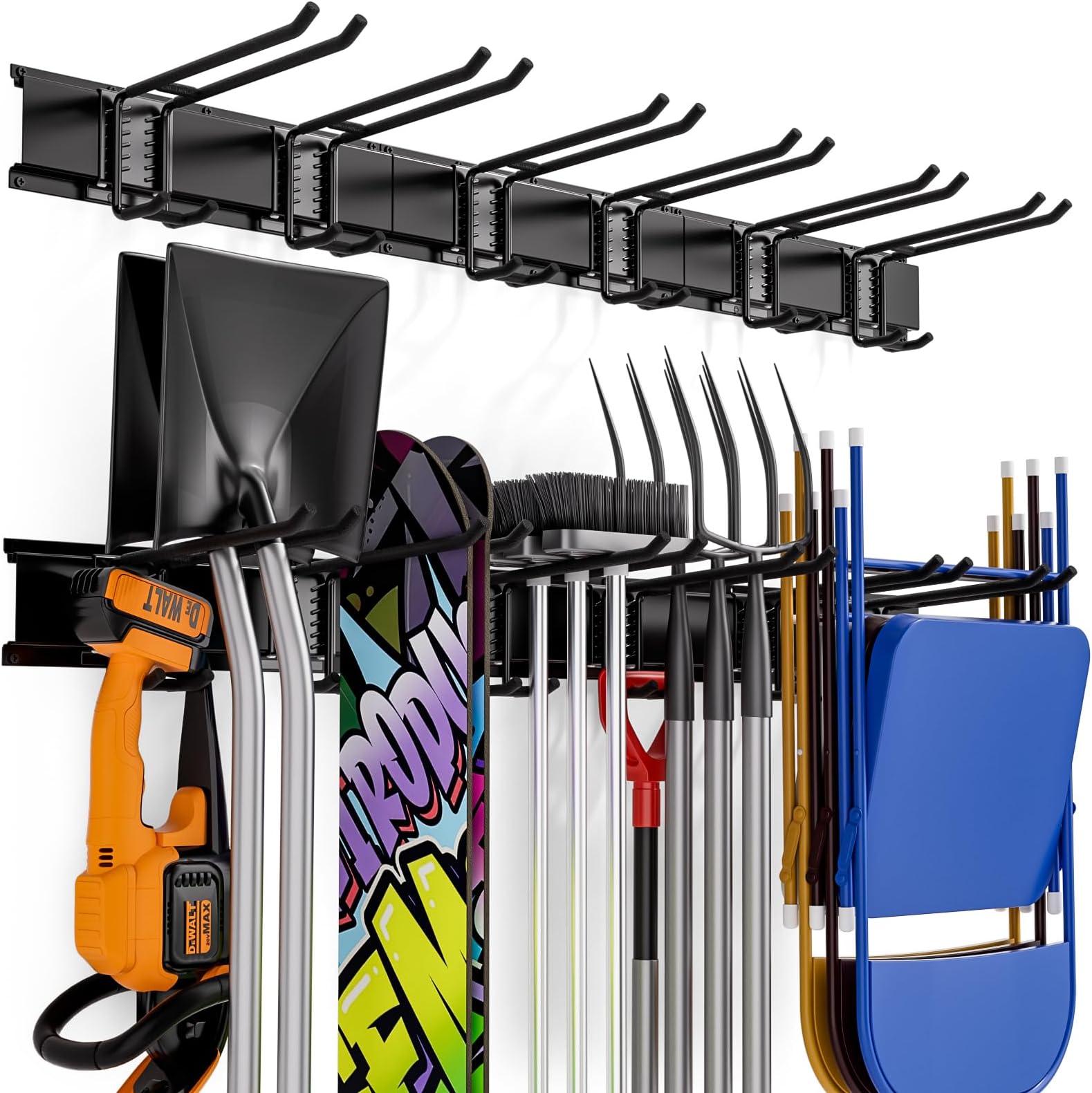 INCLY Garage Storage, Wall Mounted Garden tool Organizer Systems, 48 Inch Heavy Duty Tool Storage Rack for Garage Wall with 6 Adjustable Hooks and 3 Rails
