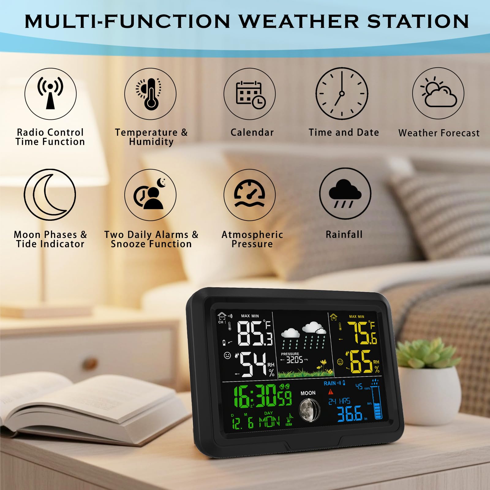 Digitaler kabelloser Regenmesser Außen, Home Wetterstation Kabellos Innen Außen mit Selbstentleerendem Regenmesser, Thermometer, Barometer, Hygrometer, Atomuhr, Wettervorhersage und Alarmen