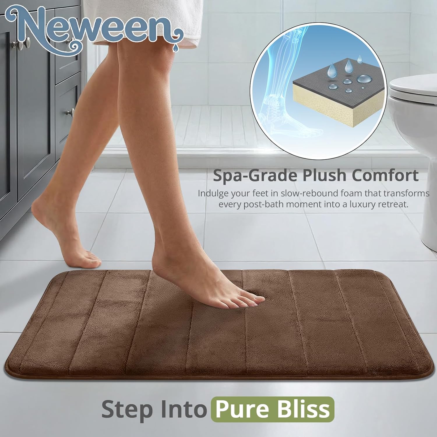 Neween 3 Piece Memory Foam Bath Mat Set - Thick Cushioned Soft Fabric Bathroom Rugs, Non-Slip Absorbent & Quick Dry Bath Mats for Bathroom Floor, Includes Large, Small and U-Shaped Toilet Rug (Brown)
