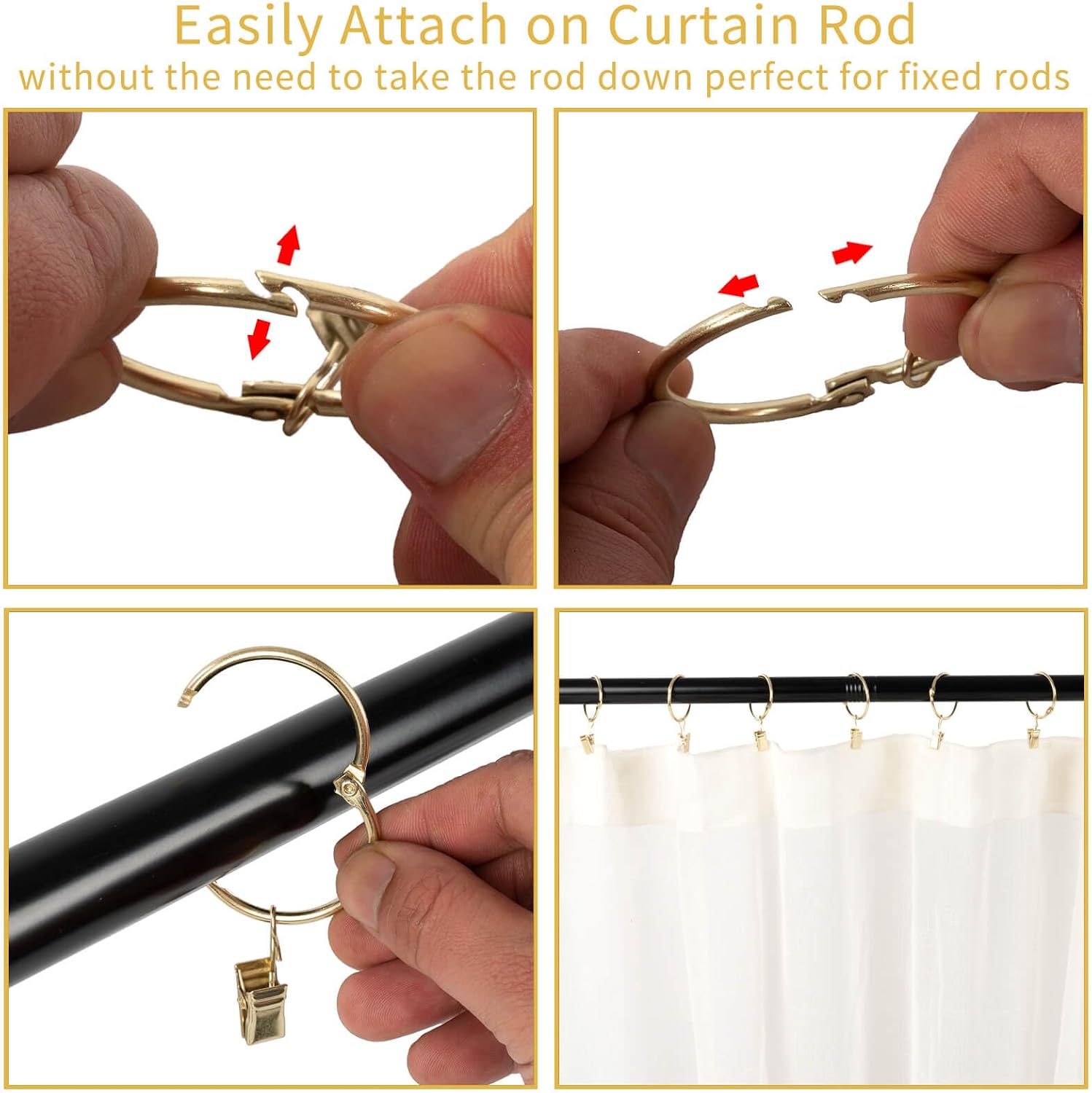 Openable Curtain Rings with Clips,3inch Inner Diameter,Heavy Duty Rustproof Metal Decorative Vintage Drapery Rings Curtain Clips Rod Hangers Door Curtain and Shower Curtain Rings Gold Zocang