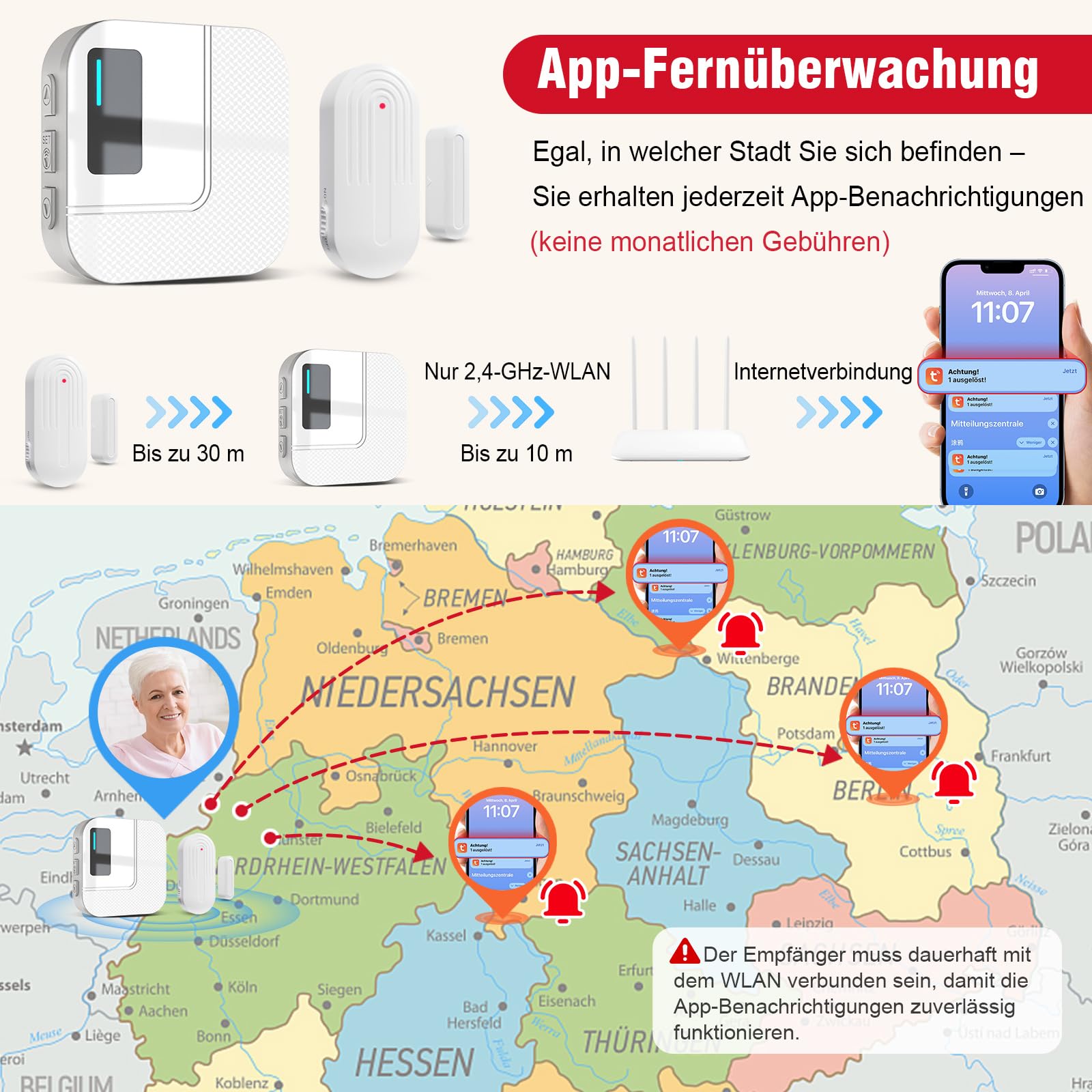 SanJie Alarma de puerta WiFi con notificación de aplicación, sensor de puerta y ventana con receptor, sensor de puerta de 110 dB, alarma para niños y mayores, sensor de puerta WiFi para hogar, oficina