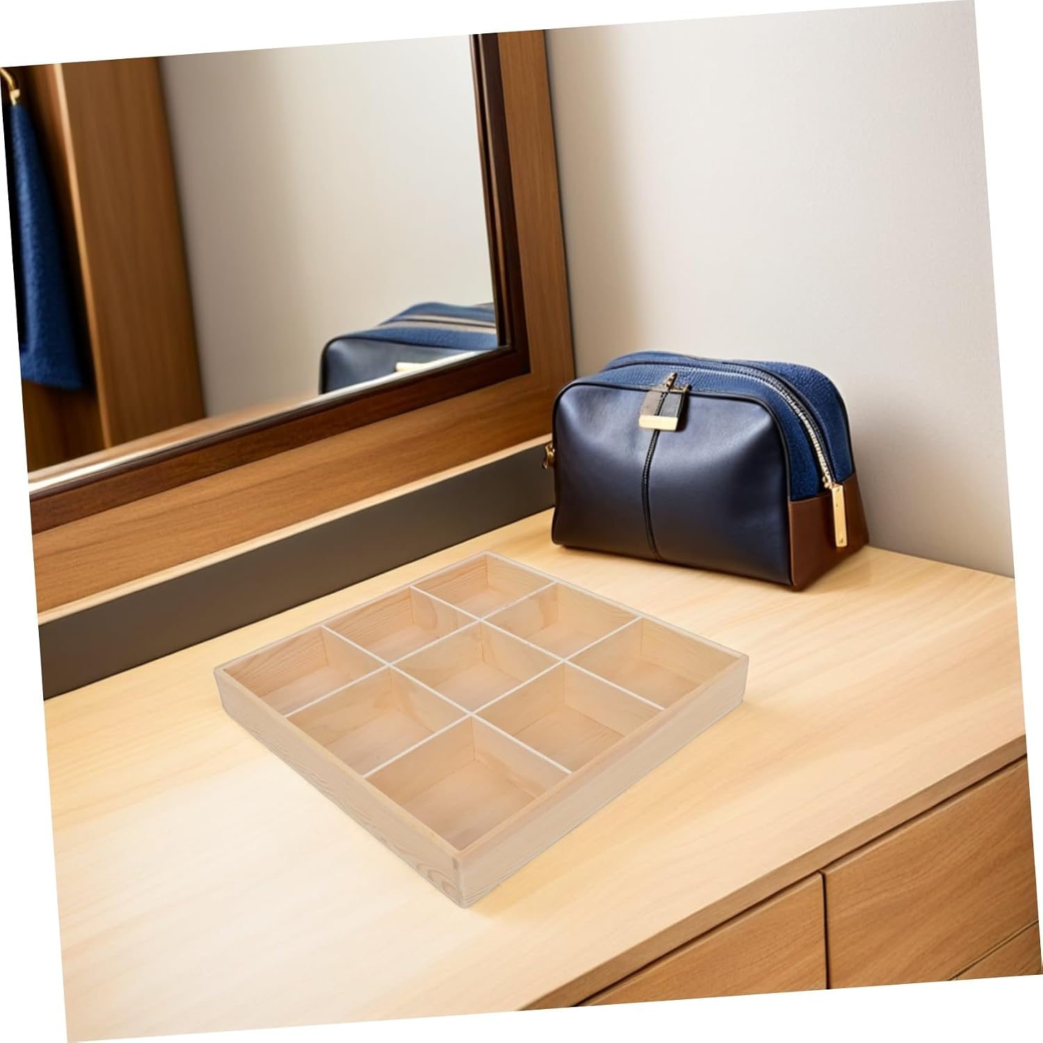 Wooden Clothes Organizer for Drawers with 9 Grid Compartments, Sturdy Storage Organizer Box for Socks and Underwear, Protect Clothes and Accessories, Declutter Space in Home