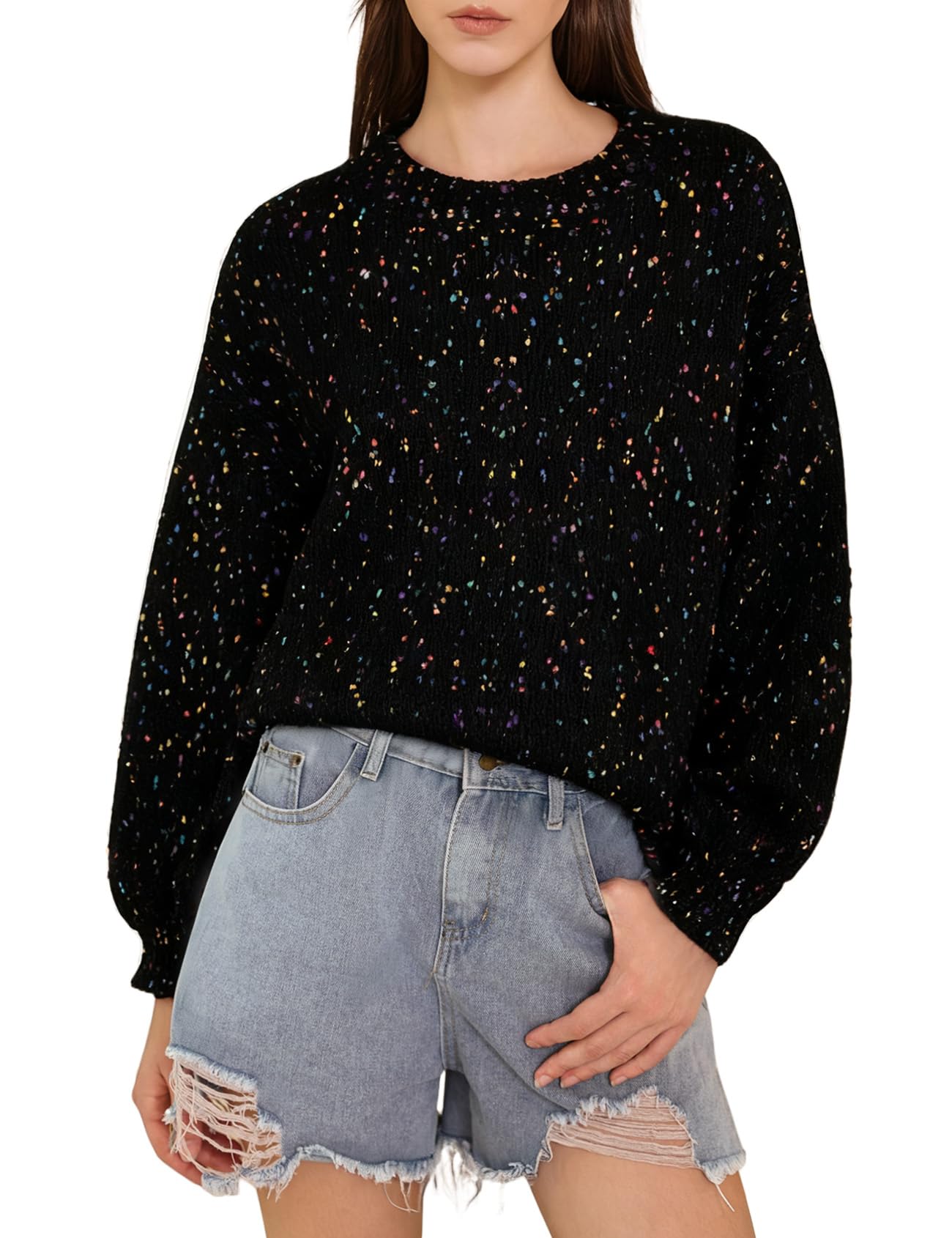 wyeysyt Womens Sweaters Oversized Rainbow Pom Chunky Sweater Colorful Long Sleeve Knit Pullover Tops-picture-31