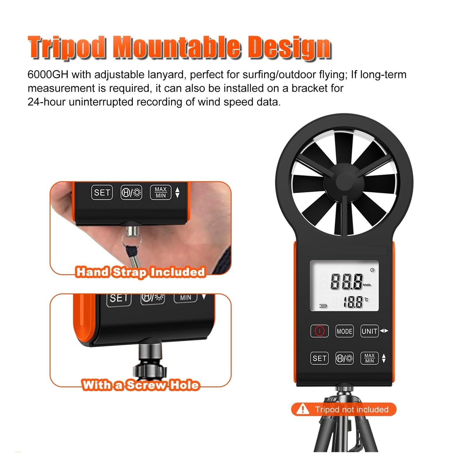 Anemometro, Anemómetro digital, anemómetro impermeable recargable CFM, mide la velocidad del viento (0,3-30 m/s) y el volumen de aire.(Yellow)
