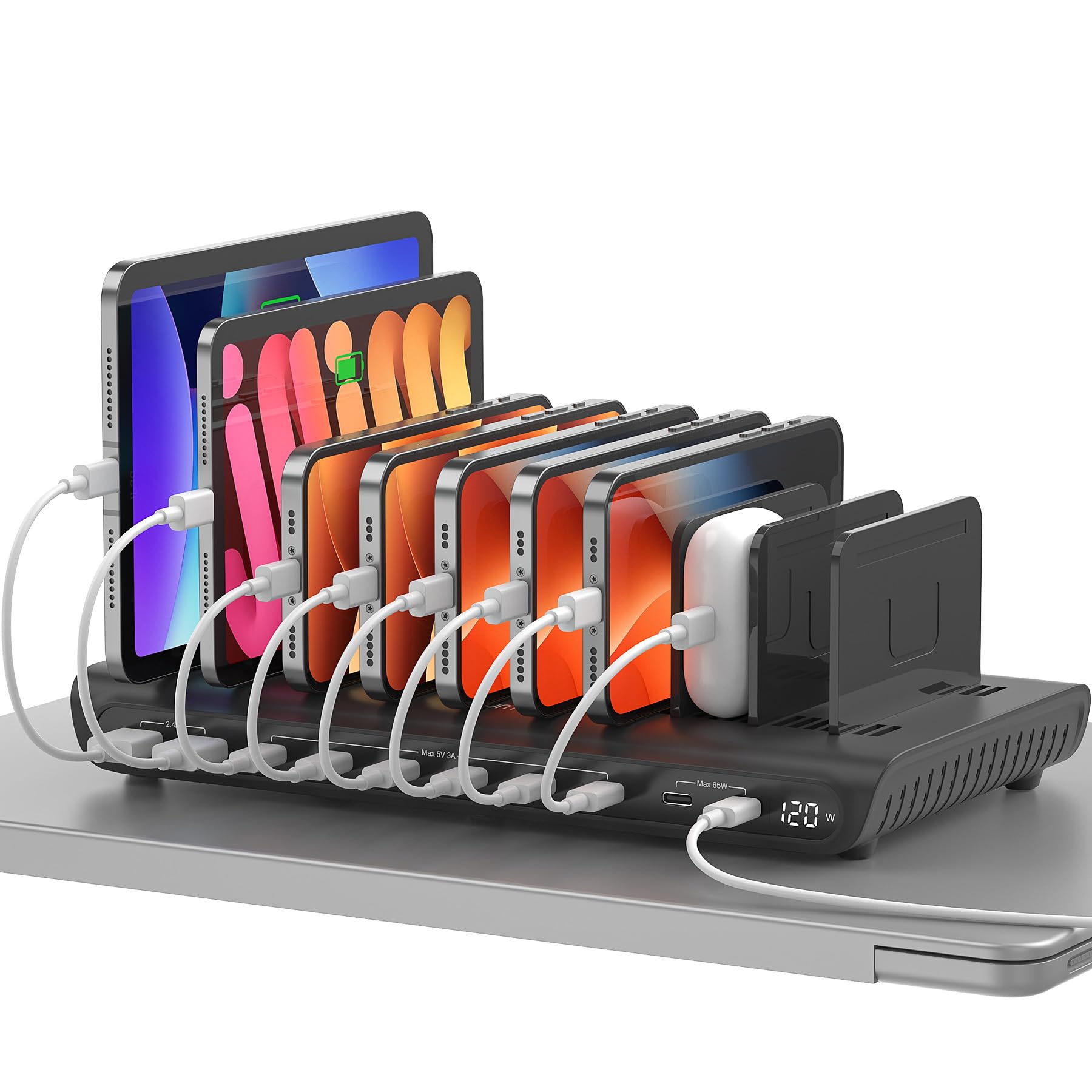 Alxum Stazione di Ricarica USB 10 Porte 120W, Caricatore Multiplo con Display LED, 8 Porte USB-C e 2 USB-A, Porta PD 65W e QC 3.0 Ricarica Rapida per iPhone, iPad, Tablet, Laptop, Ufficio, Scuola