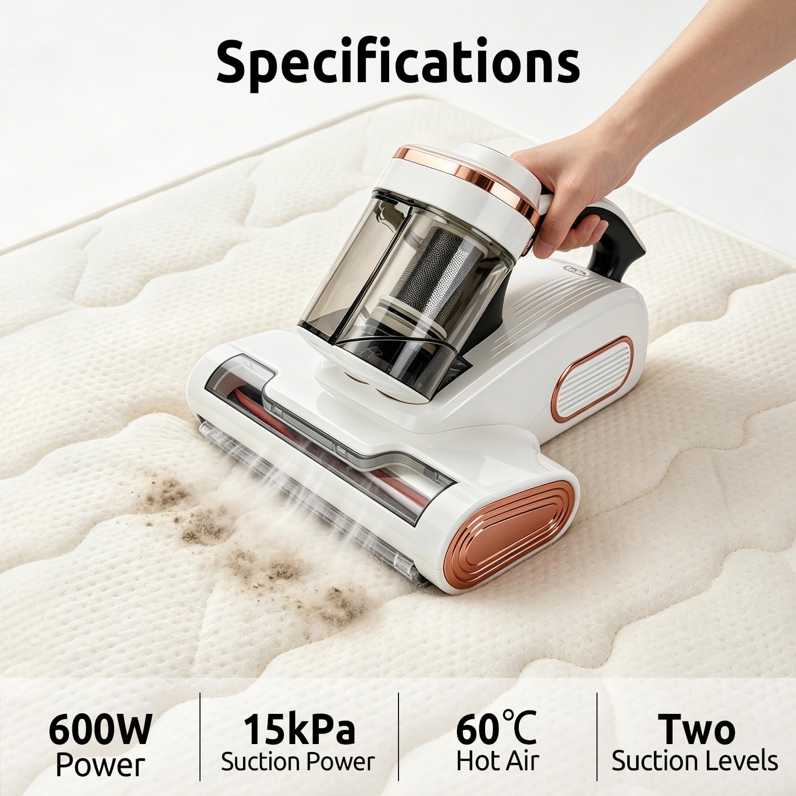 Milbensauger, 15 kPa Matratzenreiniger mit UV-C Licht, 12.000 Schläge/min, 600 W Leistung, 500ml Staubbecher, für Matratzen, Betten und Sofa