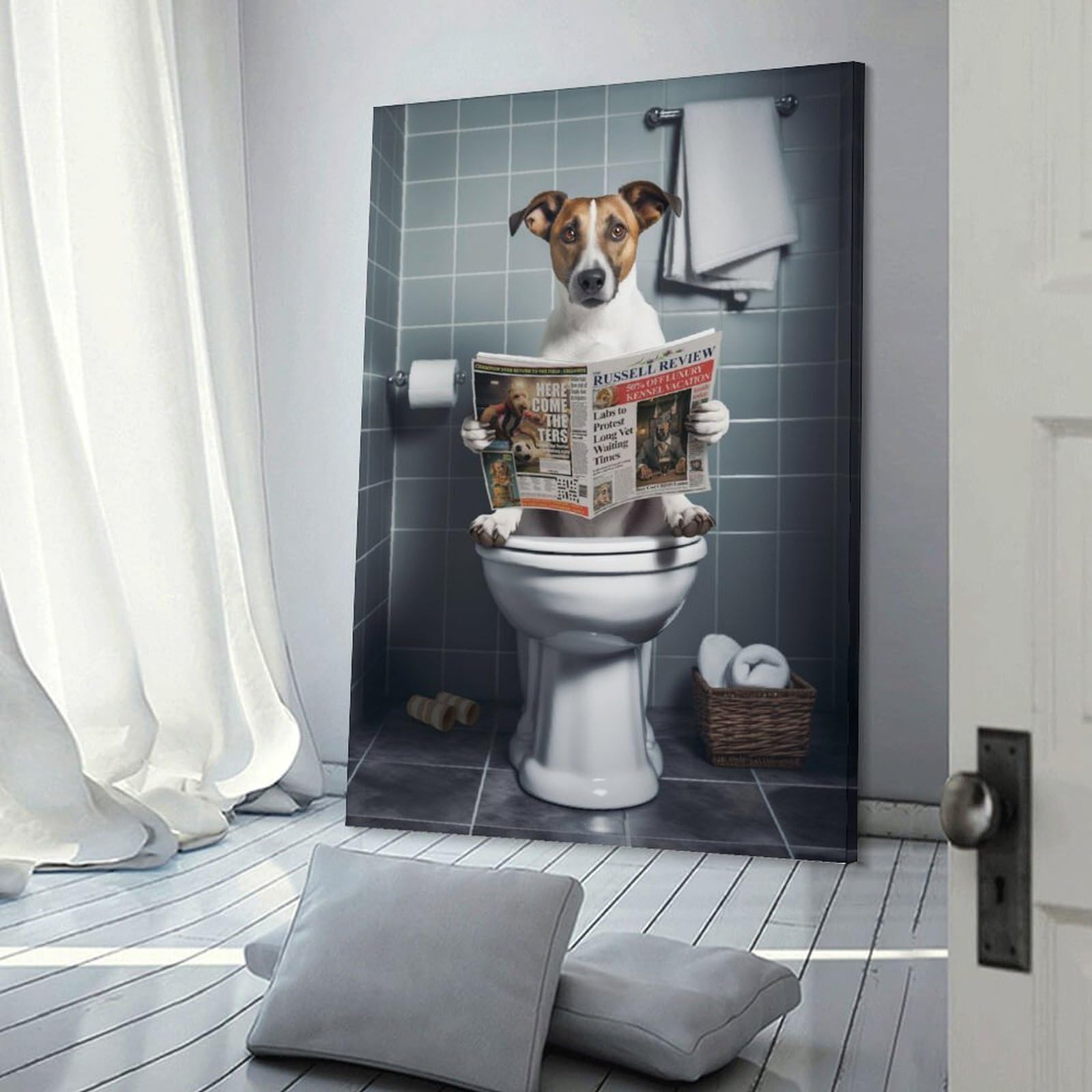 Junmoney Frame-Style-19-1 Wall Decor Canvas Print Dog Reading Newspaper On Toilet-1, 24X36inch(60X90cm), For Bedroom, Lounge Or Dressing Area, Stylish Decor For A Restful Room Update