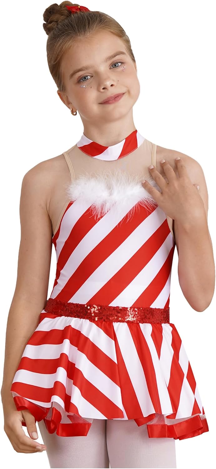 Hedmy Kids Girls Christmas Sequins Big Bowknot Sleeveless Pluffy Tutu Dress Santa Costume for Dance