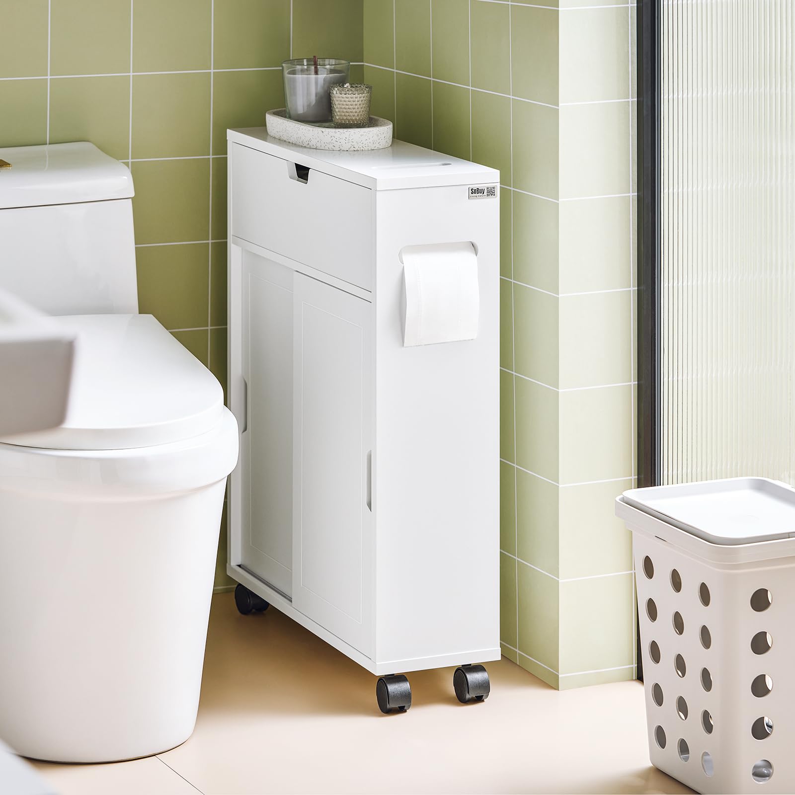 SoBuy Mobiletto Bagno Salvaspazio con Ruote 52x68x17 cm Bagno | Armadietto da Bagno con Ante Scorrevoli E Ribaltabile, Comò per Piccoli Spazi e Niche, Bianco, BZR31-W