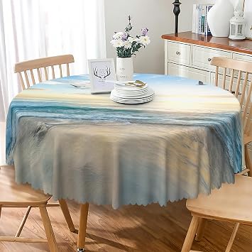 Tropical Ocean Beach Round Tablecloth 70 Inch Blue Sky White Cloud Sea Waves Nature Scenic Table Cloth Waterproof Stain Resistant Table Cover for Dining Room Kitchen Patio Themed Party Decor