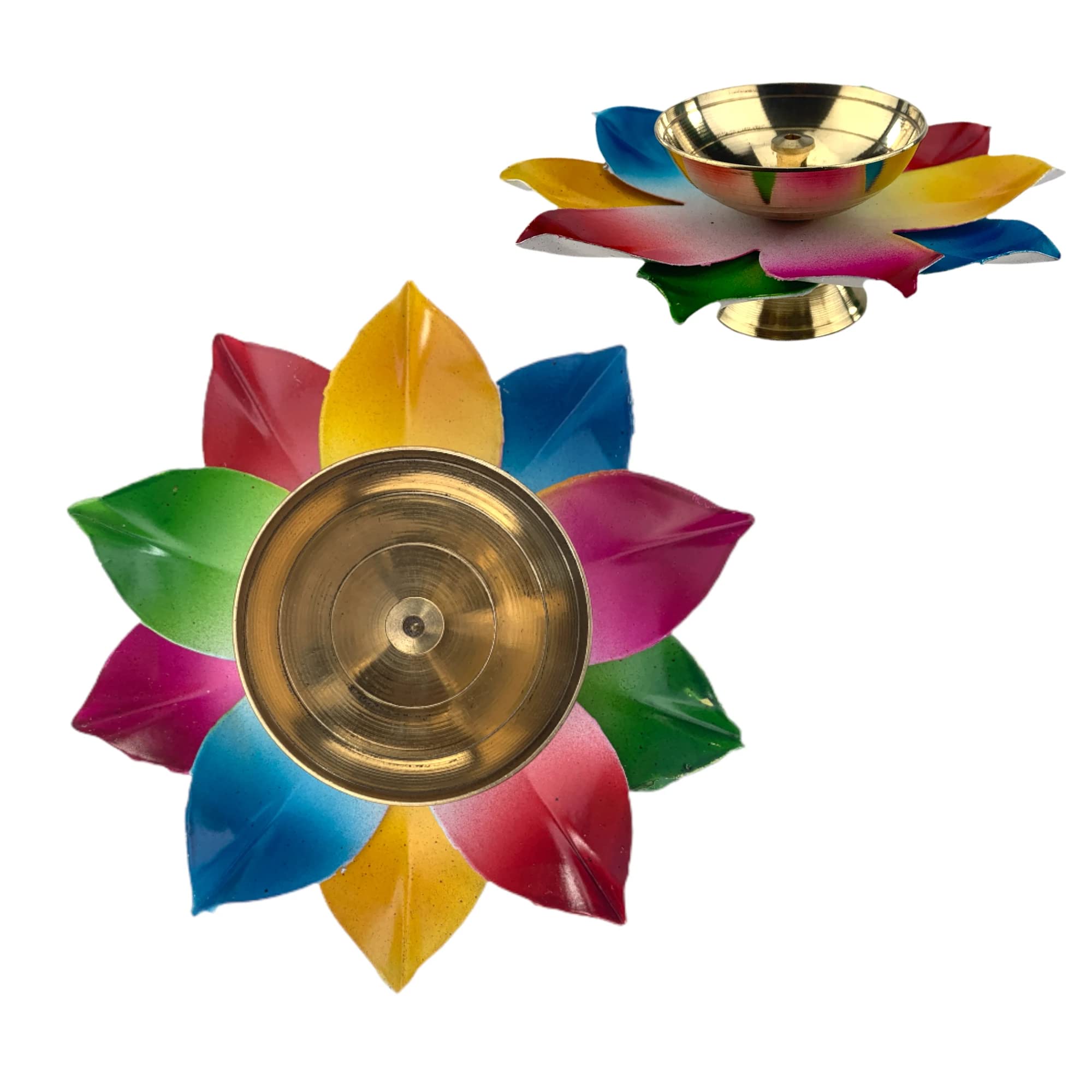 LOVENSPIRE Multicolor Lotus Brass Diya – Indian Craft Oil Lamp for Puja, Ideal Pooja Gift, Diwali Home Decoration, Mandir Temple Akhand Diya, Traditional Deepawali Return Gifts, Puja Articles
