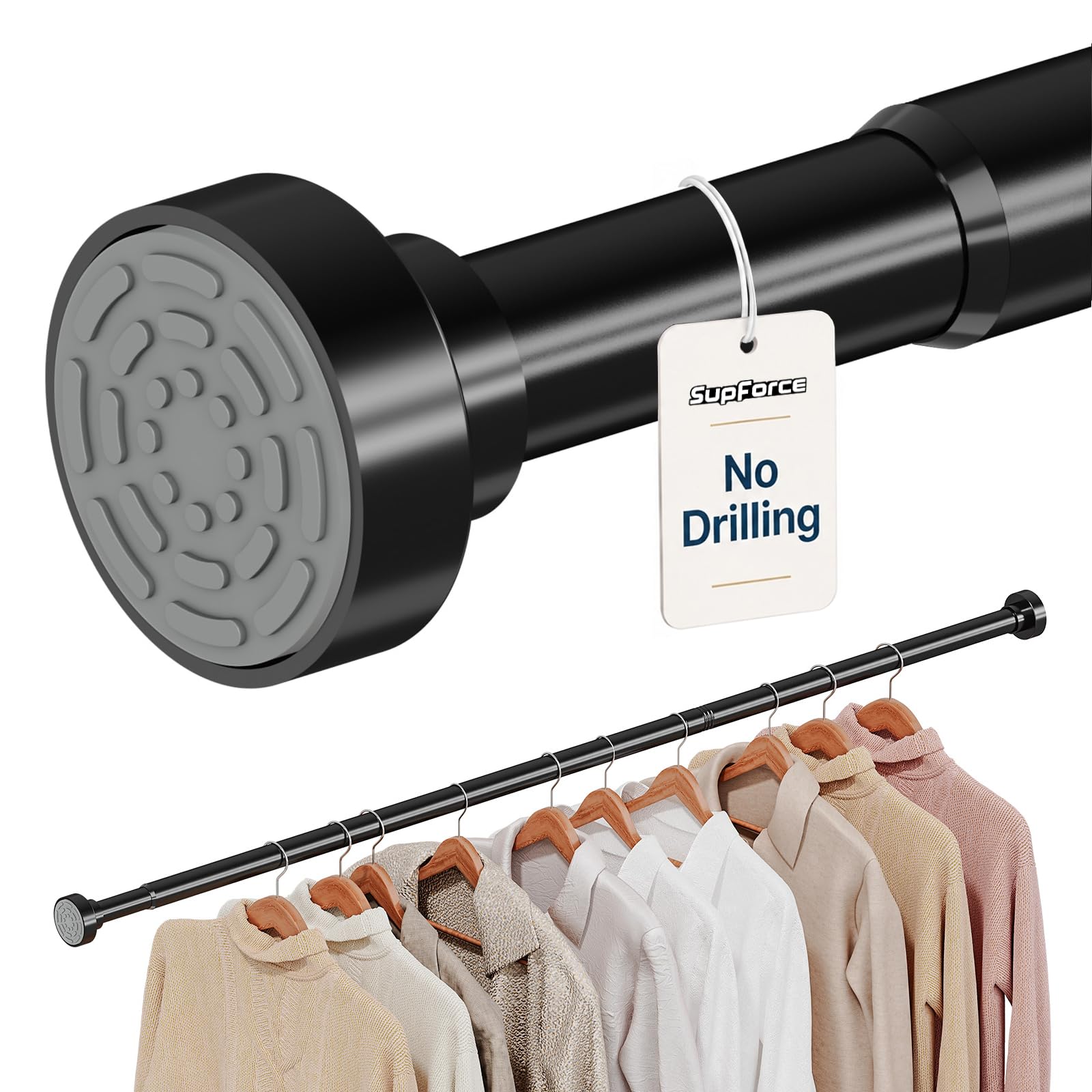 Supforce Wardrobe Rail, No-Drill Wardrobe Hanging Rail, Non-Slip Adjustable Heavy Duty Tension Wardrobe Rail, 43-173cm Spring Rail for Wardrobe, Closet, Cloakroom, Bathroom, Laundry, RV – Black