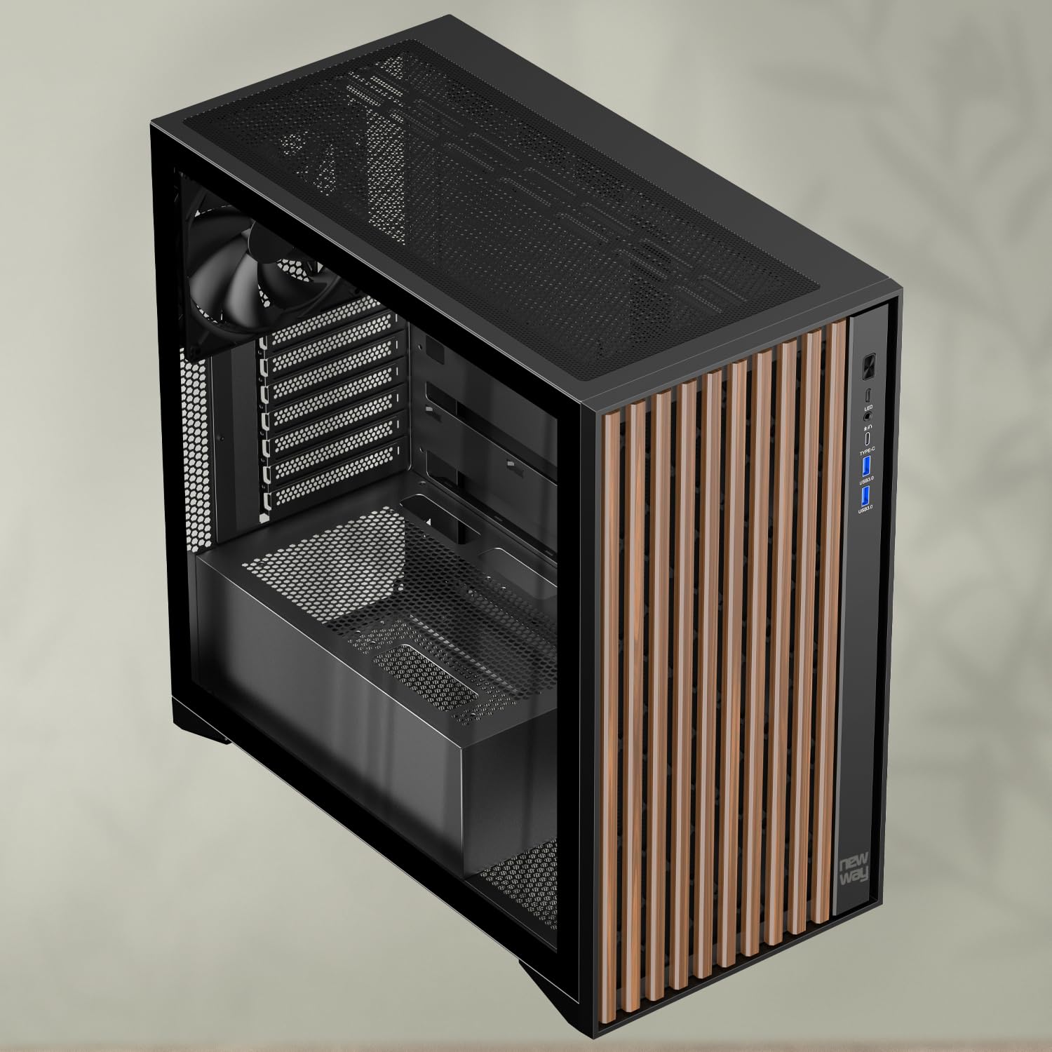 NEWWAY - NW1 Boitier PC Façade en Bois - Moyen Tour Compatible ATX/Micro-ATX/ITX - Type C USB - Ventilateurs Inclus 3x140MM PWM - Panneau latéral Verre tempéré (Noir)