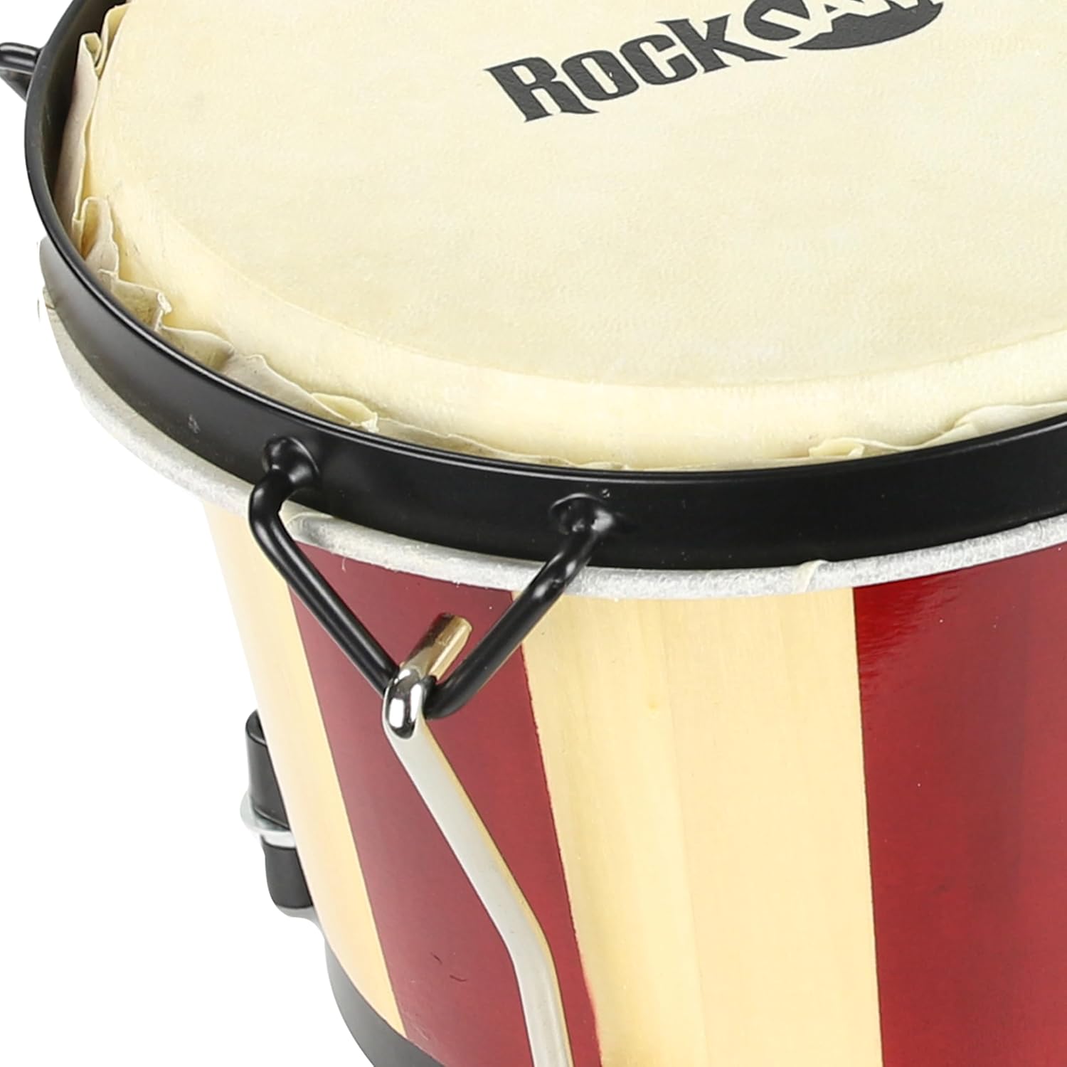 Close-up of a RockJam bongo drum head and tension hooks