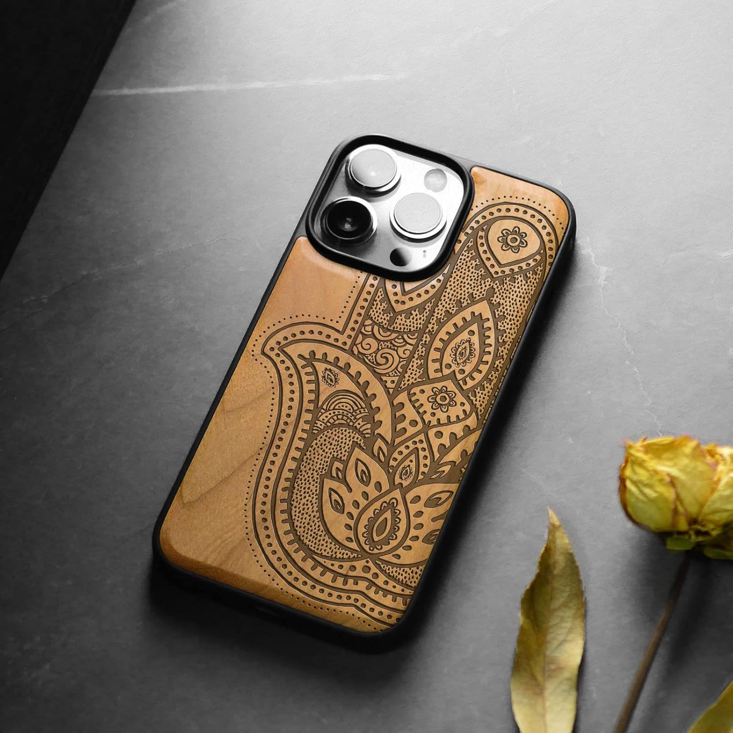 Carveit Magnetic Wood Case for iPhone 14 Pro Max [Natural Wood & Black Soft TPU] Unique & Classy Wooden Shockproof Protective Cover Compatible with magsafe (Hamsa Hand -Cherry)