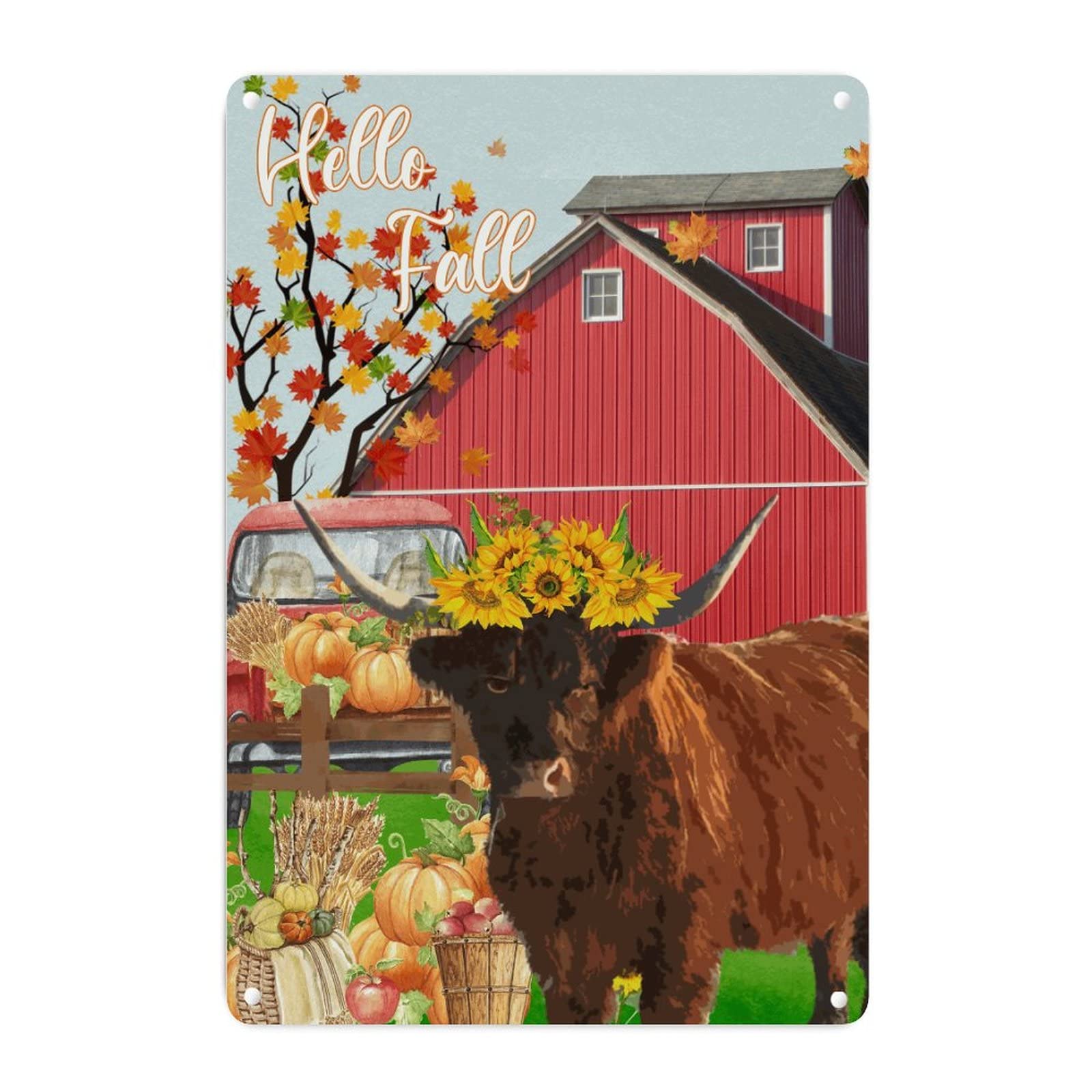 Plaque décorative métal Hello Fall avec finitions citrouille et vache
