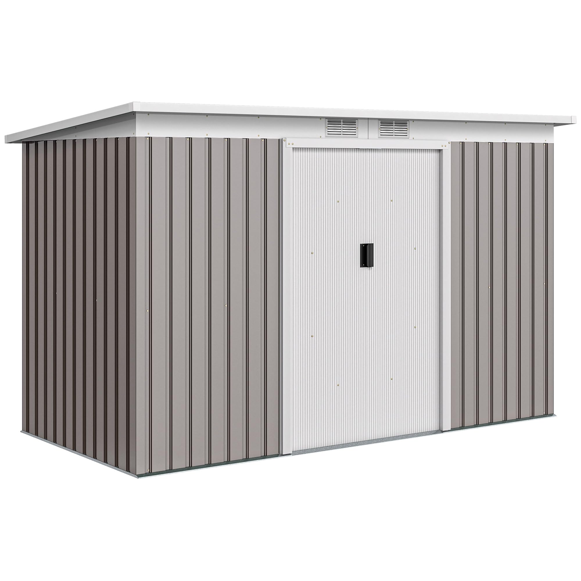 Outsunny 9ft x 4ft Metal Garden Shed, Waterproof Outdoor Bike Storage Shed Galvanised with Foundation Kit, Vents, Apex Roof and Lockable Double Doors for Patio Yard, Light Grey