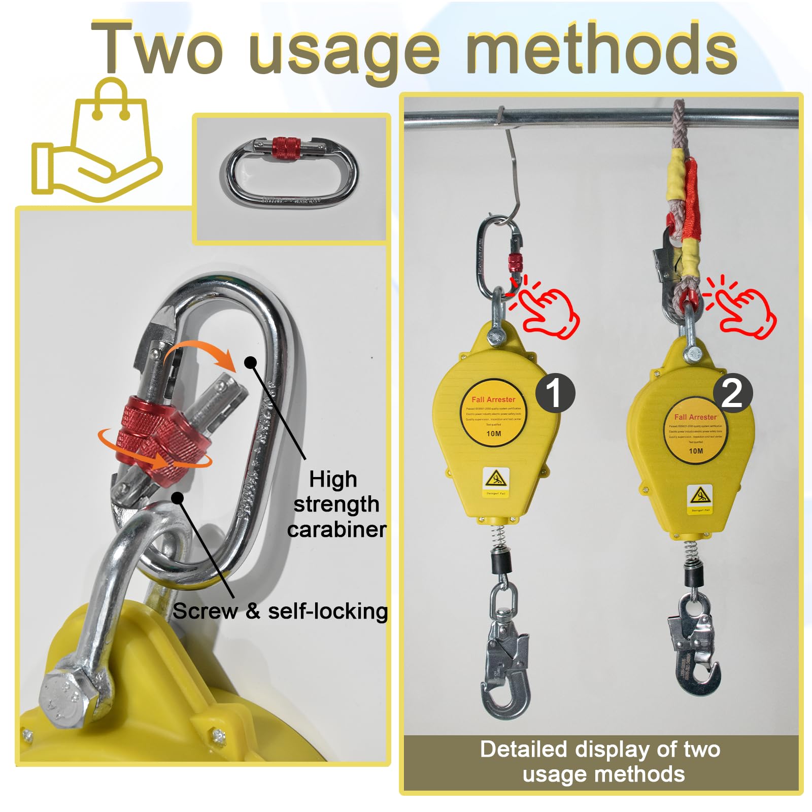 Dispositivo Anticaidas Retráctil Seguridad, Linea de Vida Retractil Homologado 10m/15m/20m, 150 kg Arnés de Seguridad Anticaídas Retráctil Trabajo en Tejados/ Altura(Amarillo,20 Metros)