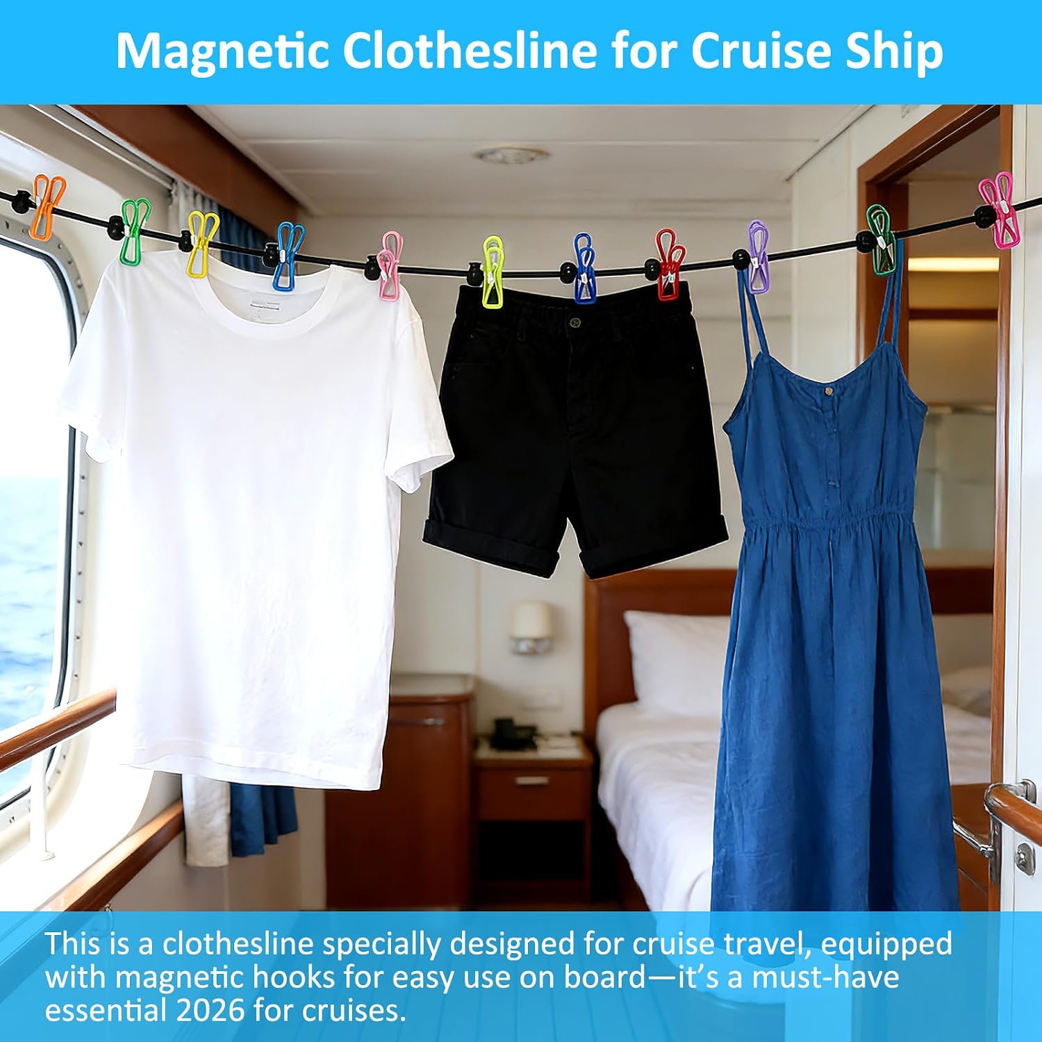 Travel Clothesline with Two Magnetic Hooks for Cruise Ship Essentials, Clothes Line 12 Clothes Clips for Cruise Must Haves Essentials 2026, Portable Clothesline for Camper Essentials Car Accessories