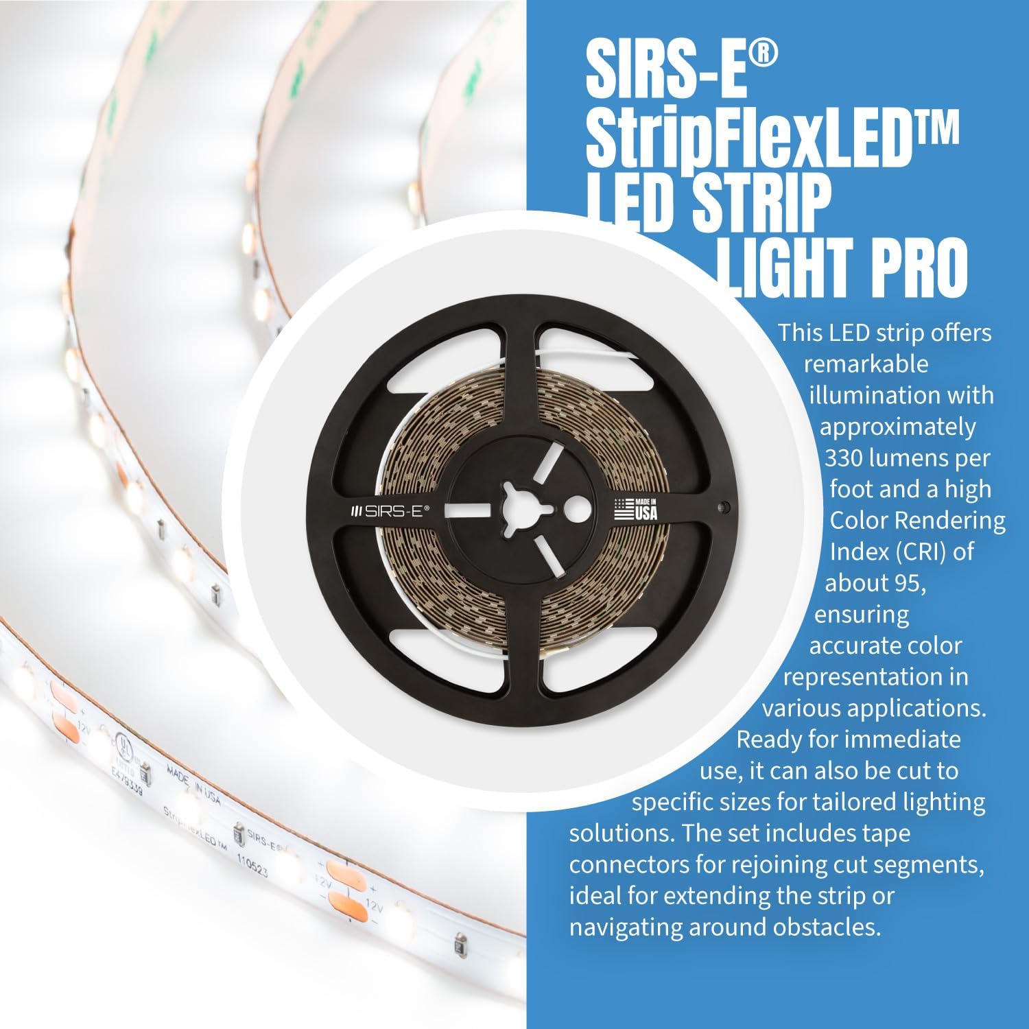 SIRS-E StripFlexLED White LED Strip Lights, 12V 60 LEDs/m 6500K Cool White, 16.4 ft. (5m), UL Listed, Made in USA, Professional Grade Flexible Tape for Versatile Lighting