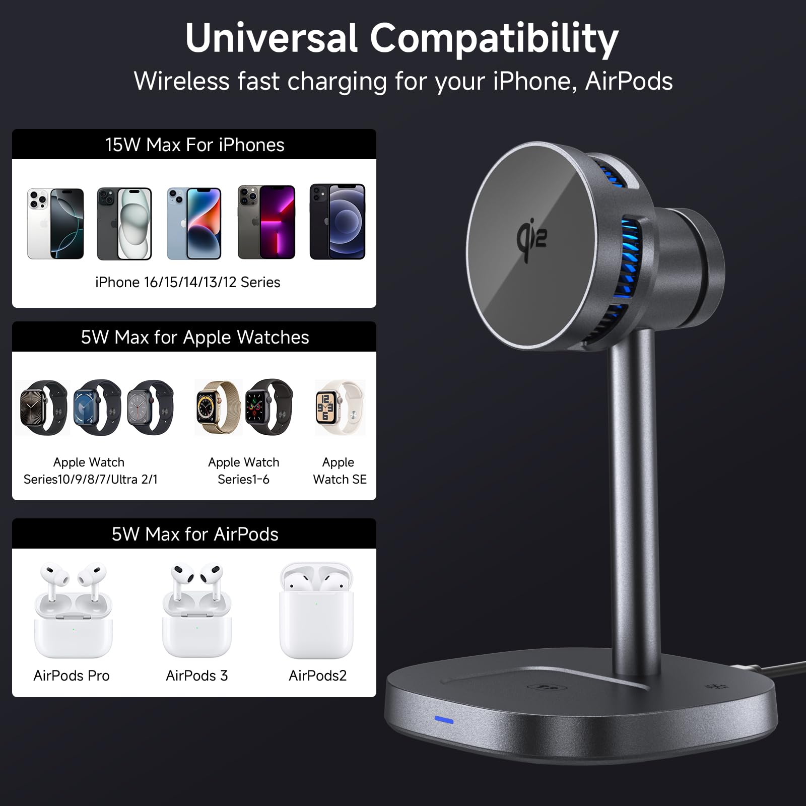 Stazione di ricarica wireless magnetica 3 in 1 con ventola di raffreddamento, caricabatterie rapido Qi2 da 15 W, supporto per caricabatterie wireless compatibile con iPhone 16/15/14/13/12