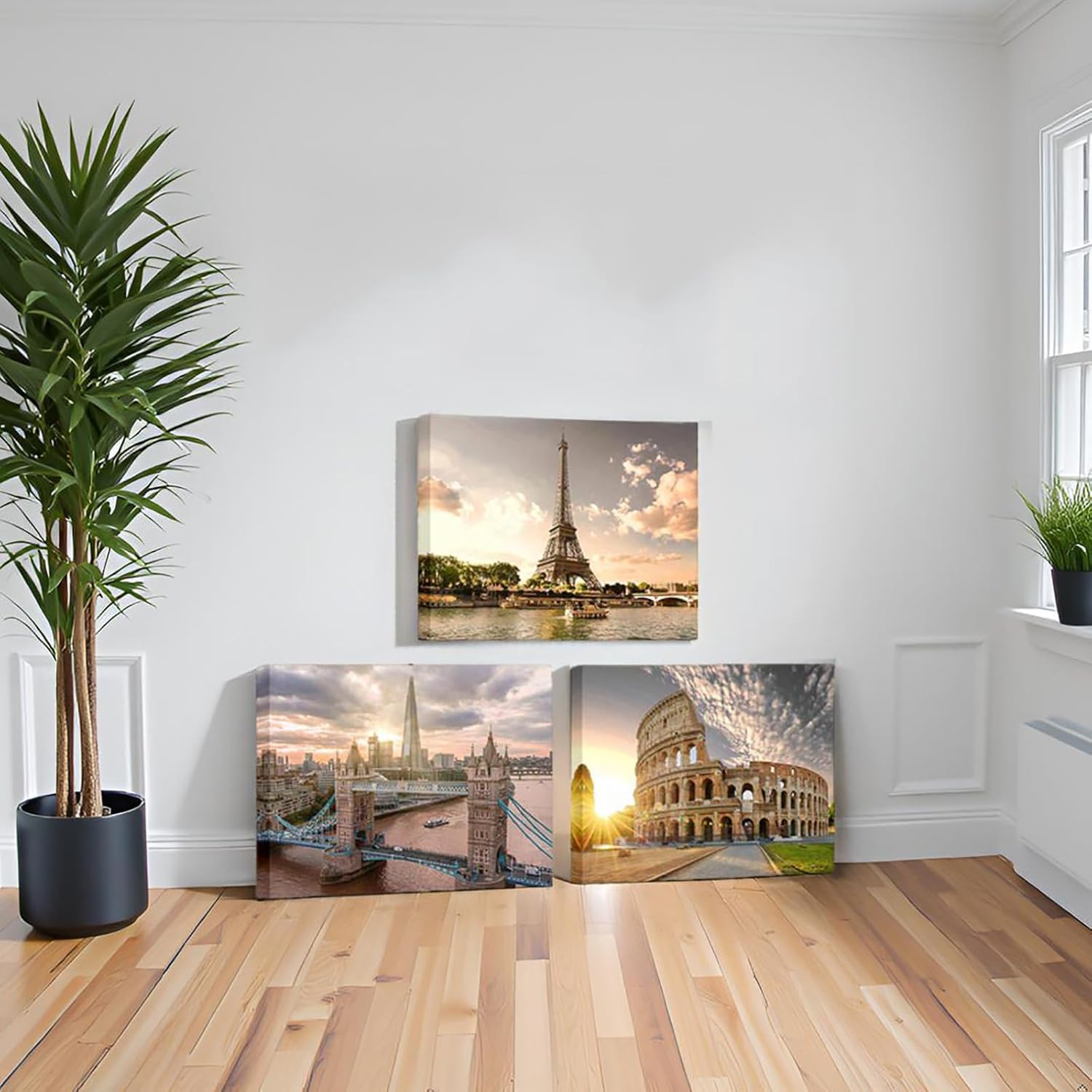 NutArtPic European Cityscape Wall Art - Paris Eiffel Tower, London, Rome Canvas Prints - Framed Landscape Paintings for Living Room, Office & Bedroom Decor - Ready to Hang Framed 12''x16''x3panels