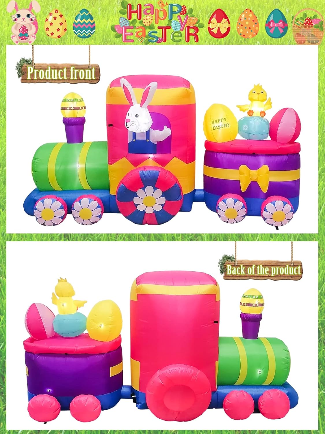 Kalolary Easter Inflatables with LED Light 8 Feet Long Easter Blow up Rabbit on The Train Easter Eggs Inflatable Yard Decorations for Home Family Outdoor Indoor Decor Lawn Garden Party Supplies : Patio, Lawn & Garden