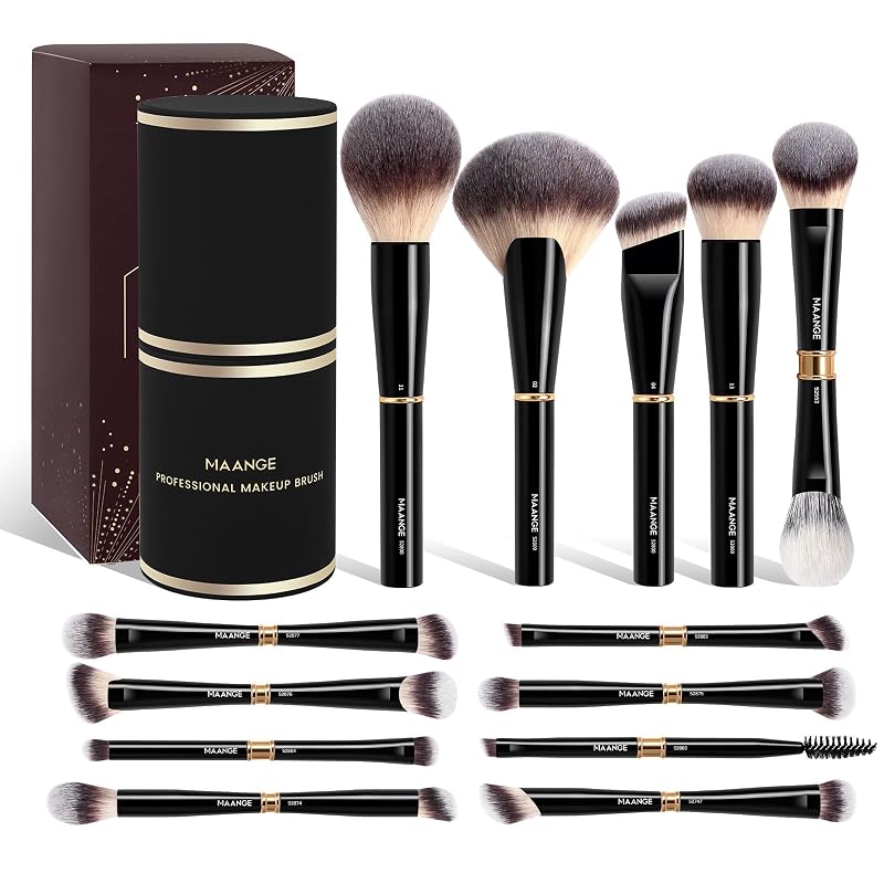 Kit de Pincéis de Maquiagem MAANGE com Estojo e Caixa para Presente, Preto, 13 unidades