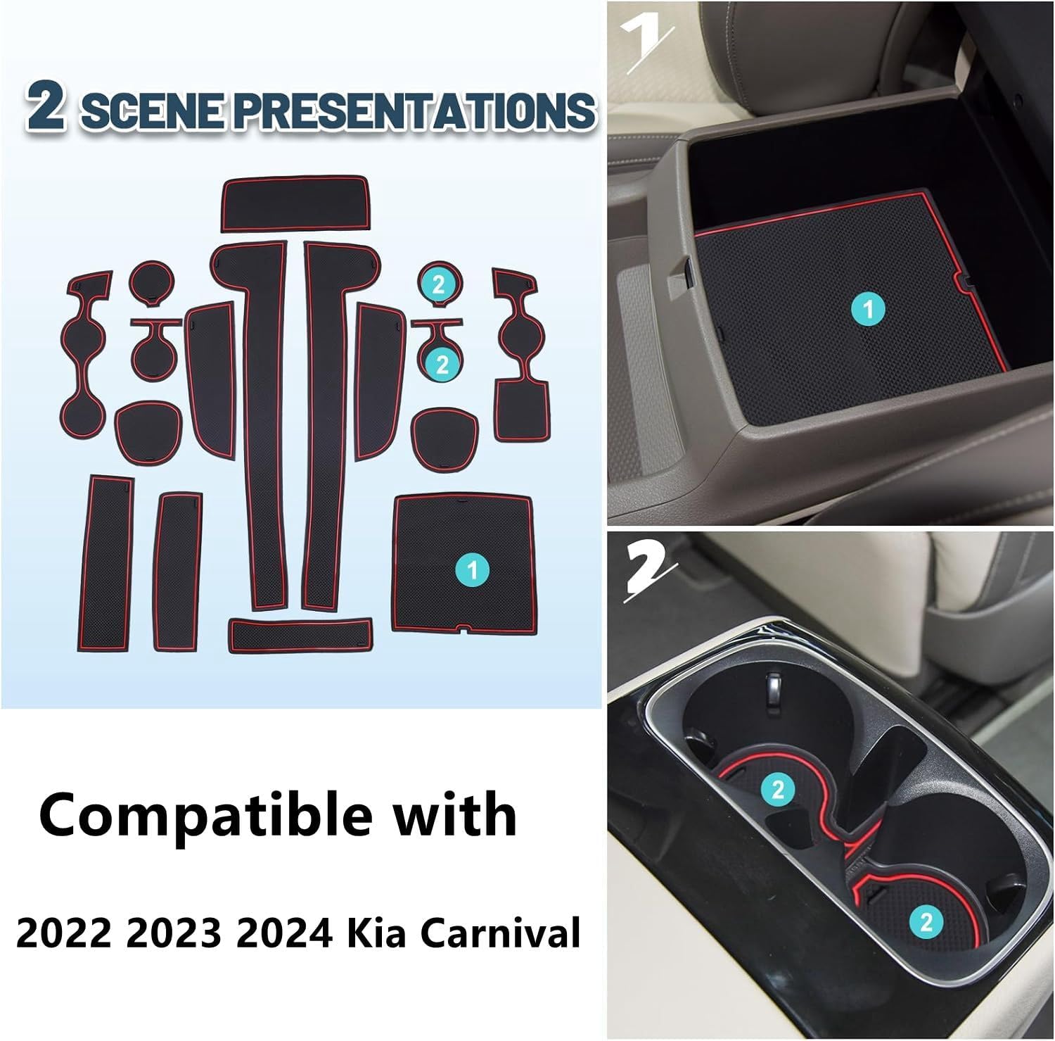 2026 Carnival Door Slot Mats for 2022-2026 Kia Carnival Accessories 17 PCS/Sets Anti-Slip Rubber Mats Center Console Liner Mats Compatible with 2022 2023 2024 2025 2026 Kia Carnival