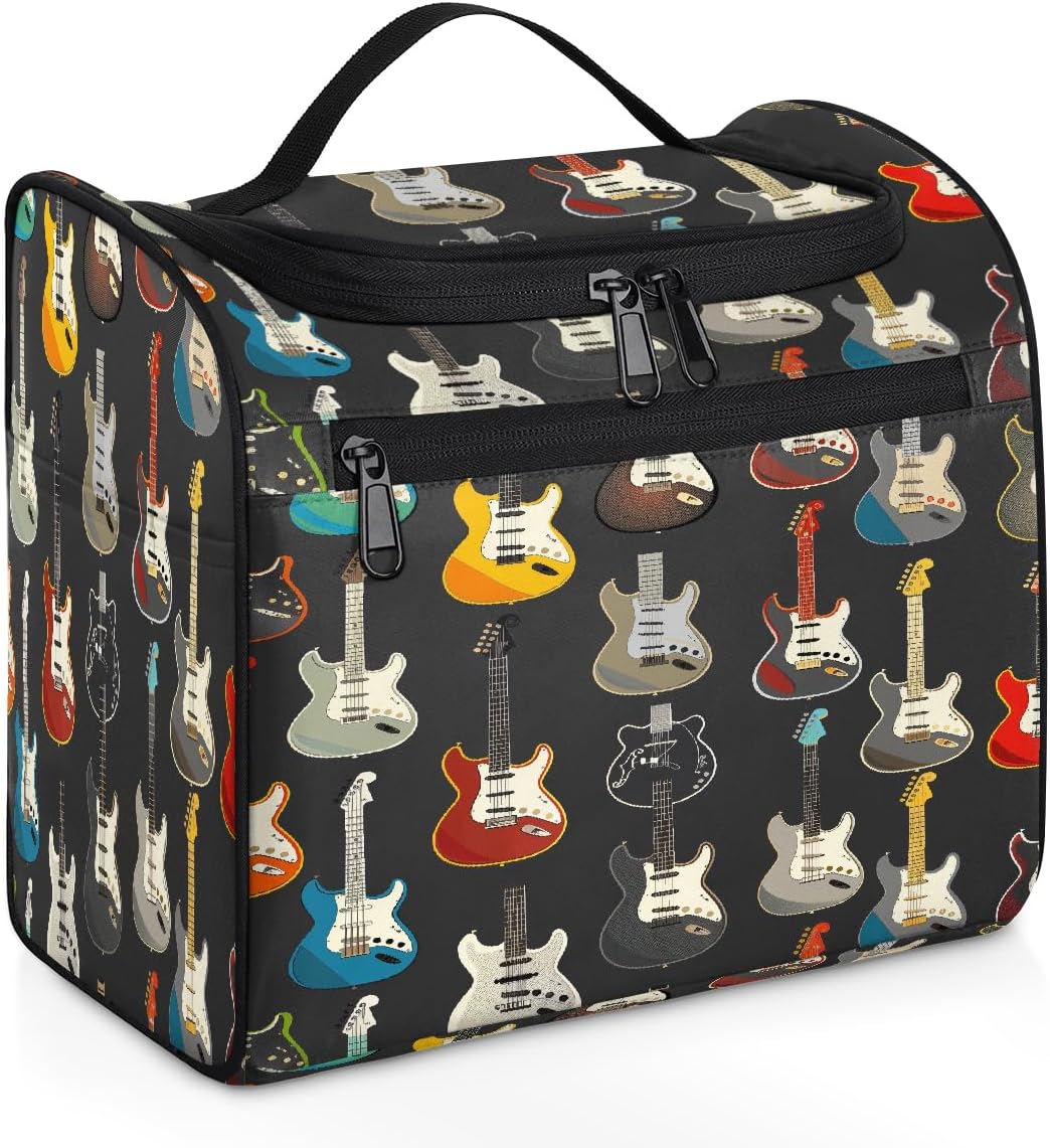 Hanging Travel Toiletry Bag with 11 Compartments, Music Guitar Water-resistant Makeup Cosmetic Bag Travel Organizer for Accessories, Shampoo, Full-size Container, Toiletries