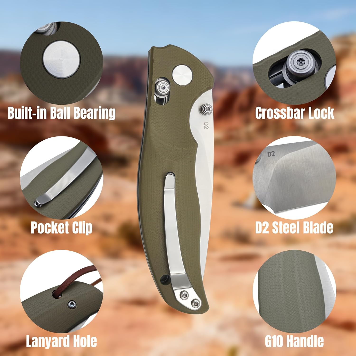 Pocket Folding Knife (EDC) - 3.15" D2 Steel Blade, Ergonomic G10 Handle, with Crossbar Lock - Featuring Pocket Clip & Keyhole, Suitable for Men & Women, Multi-Functional Tool for Camping, Hiking, Hunting & Survival (Khaki)