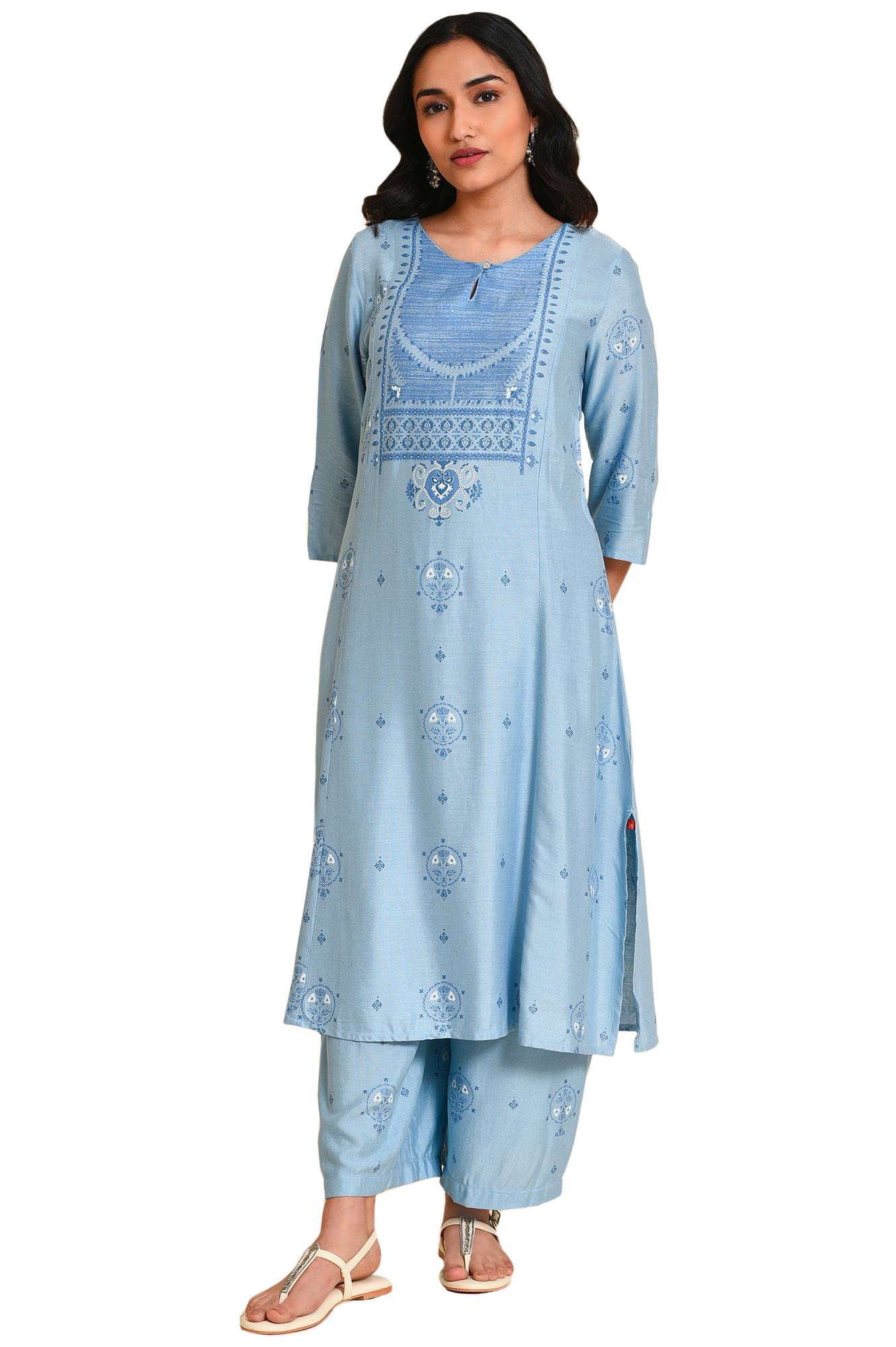 Bewakoof Blue Floral Print Rayon Co-Ord Kurta Set With Parallel Pant For Women in blue