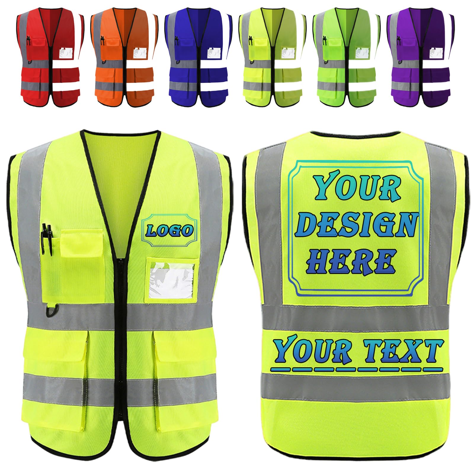 Bulk Custom Hi Vis Vests Personalised High Vis Vest with Name Logo Photo Reflective Strips Customisable safety Workwear with pockets breathable durable for Construction Builders Site Workers