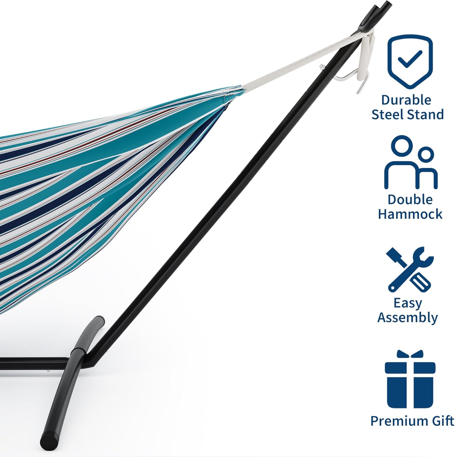 Double Hammock with Steel Stand - 2 Person Hammock Bed Indoor Outdoor, Brazilian-Style, with Carry Bag, 450lb Capacity, Portable & Easy Assembly, Ocean