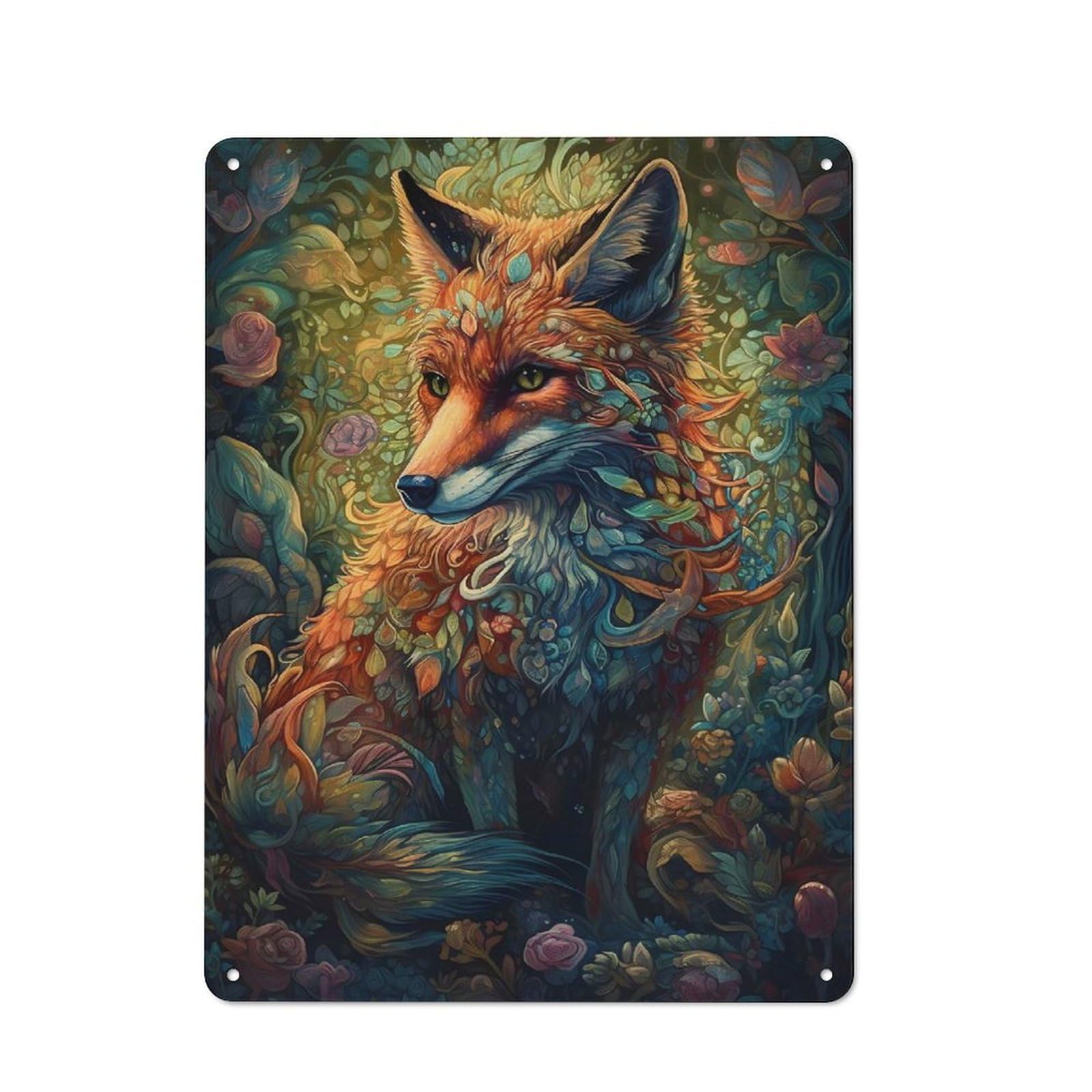 Junmoney Style-14 Tin Wall Plaque 40X30cm With Fox Floral For Garage Wall, Suited To People Furnishing A Garage