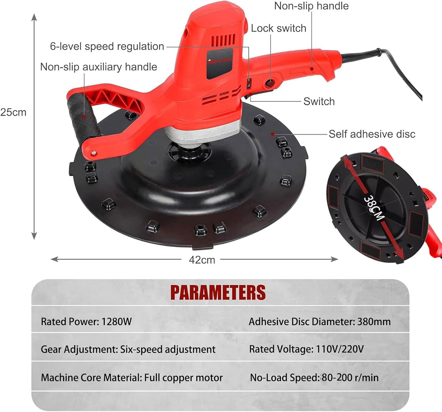 Electric Concrete Trowel, 1280W Wall Smoothing Polisher with 6 Variable Speed Handheld Concrete Cement Mortar Plastering Trowel for Wall and Mortar Surface Construction