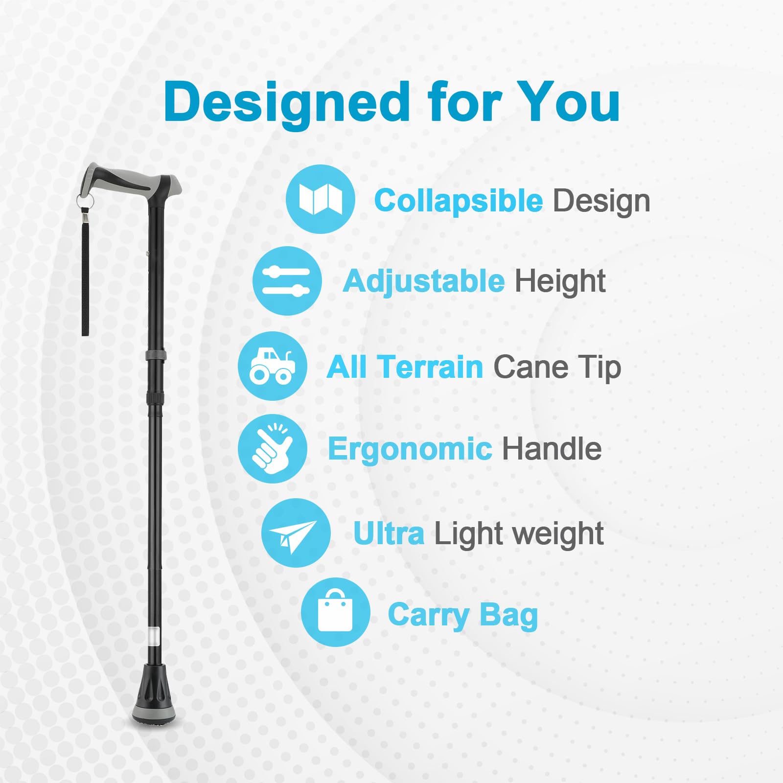 Bastone Pieghevole per Camminate Tutti i Terreni, Punta Pivot e Ausilio per la Mobilità Robusto, Bastone da Passeggio Pieghevole per Anziani e Adulti