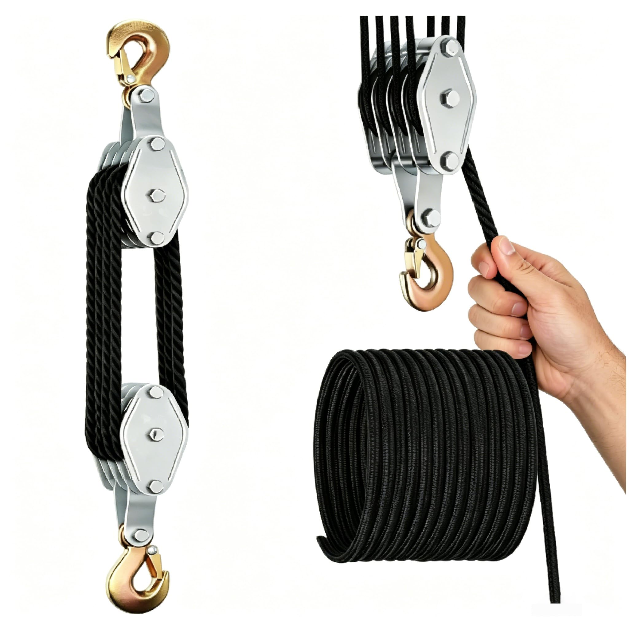 Flaschenzug Schwerlast, 270° Drehbar Flaschenzug Arbeitssparender Flaschenzuge 2000 kg Max. 8:1 Hubkraft mit 20m Nylon, Schwerlast Flaschenzug mit Seilbremse für Jagd Garagen Lagerhallen
