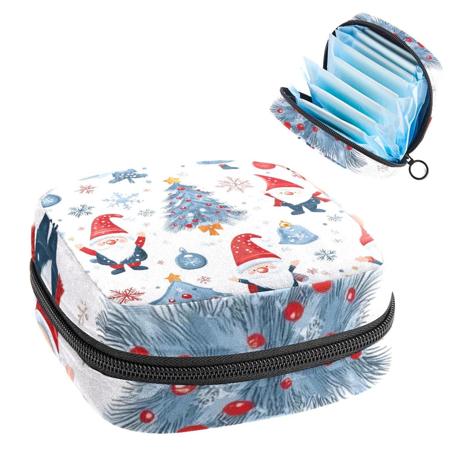 Sanitary Napkin Storage Bag for Women Cute, Feminine Menstruation Pad Holder for Period, Portable Zipper Menstrual Pad Bags White Christmas Santa Claus Bell Tree