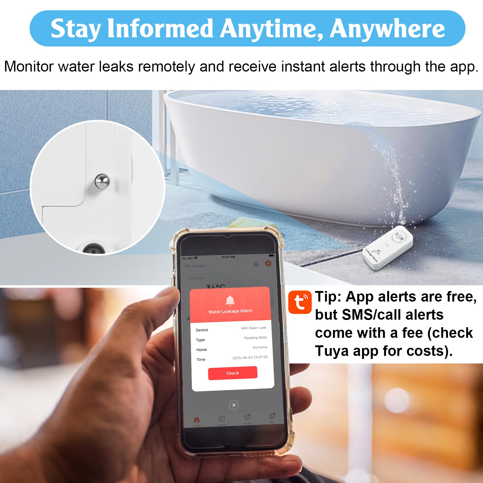 Detector de Fugas de Agua WiFi (WiFi de 2,4 G), 90 dB con Sensor de Agua y Alarma por aplicación, Alarma de Agua inalámbrica, para tuberías, dormitorios, cocinas, baños, sótanos (6 Unidades)