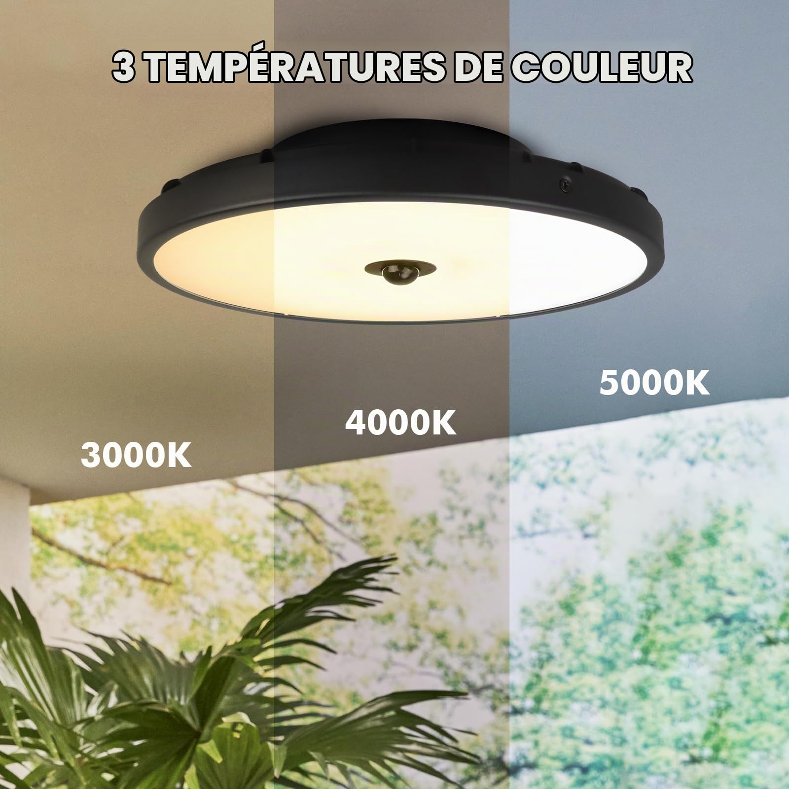 15W plafonnier exterieur avec detecteur de mouvement & Capteur Crépusculaire, Ø30CM, CRI>80, Réglable 3000K-5000K, IP65 Salle Bain, Test Salinité 168h, Résistance UV ΔE <1,5