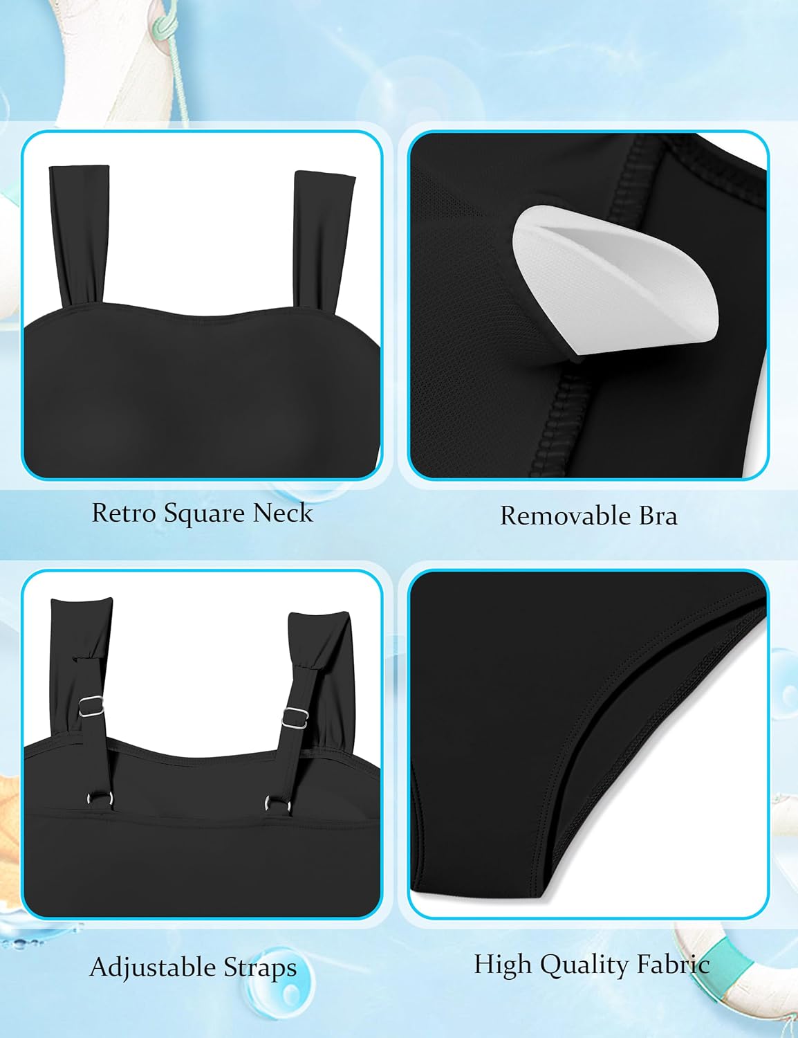 CRISONE Girl Swimsuit One Piece Bathing Suit for Girls Retro Square Neck Adjustable Straps Girls' Swimwear 9-16Y - Image 5