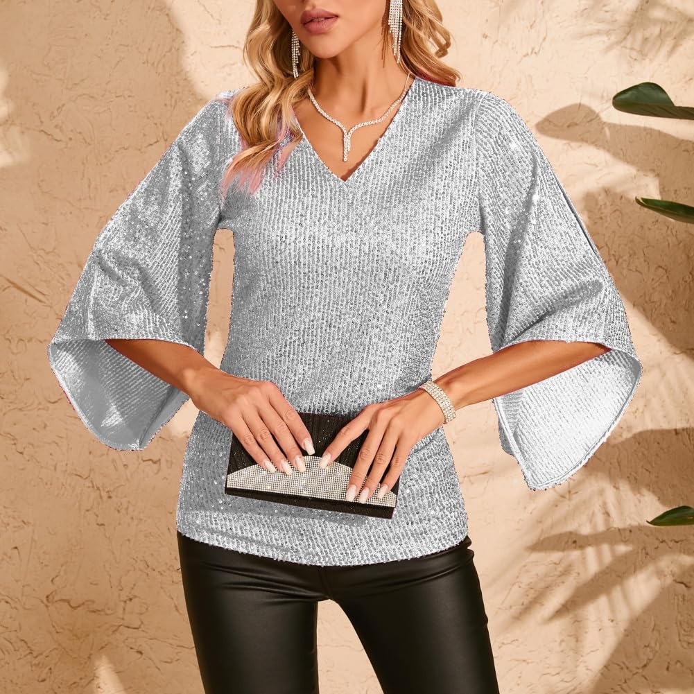 Camicetta elegante da donna con maniche a 3/4, con scollo a V, con paillettes glitterate, per feste e serate