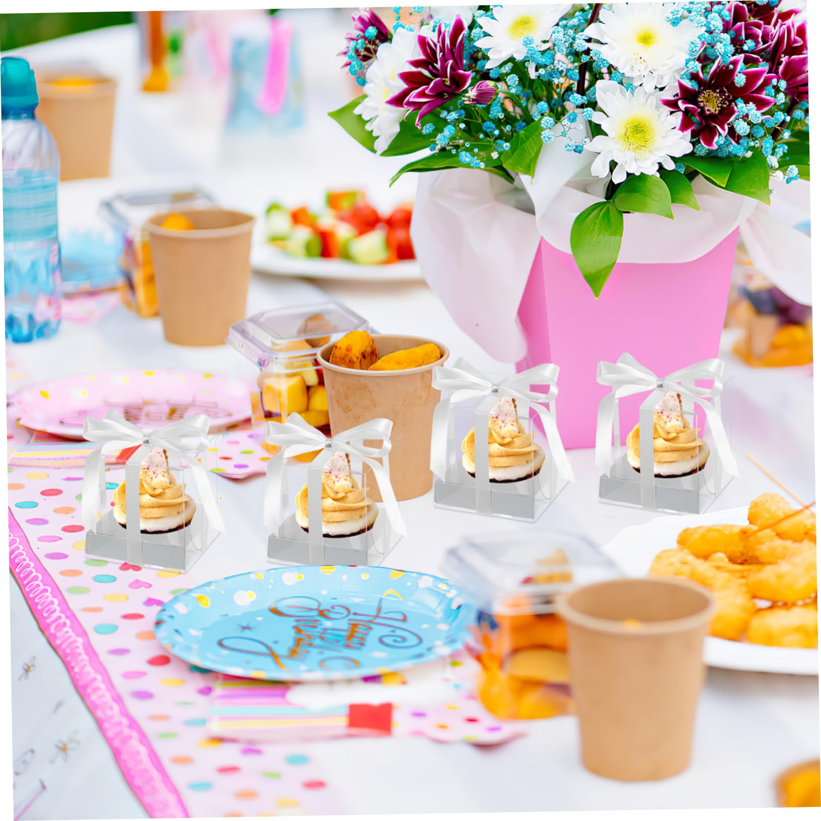 CIYODO 10pcs Transparent Cupcake Boxes with Decorative Inserts for Parties Birthday Celebrations and Bakeries Sturdy Cake Carrier with Satin Ribbon for