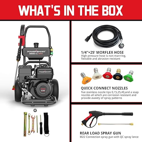 Miniatura 4 de PowerSmart Lavadora a presión a gas de 208 cc, bomba de leva axial de 3200 PSI 2.5 GPM, tanque de jabón integrado, 5 boquillas de control de calidad