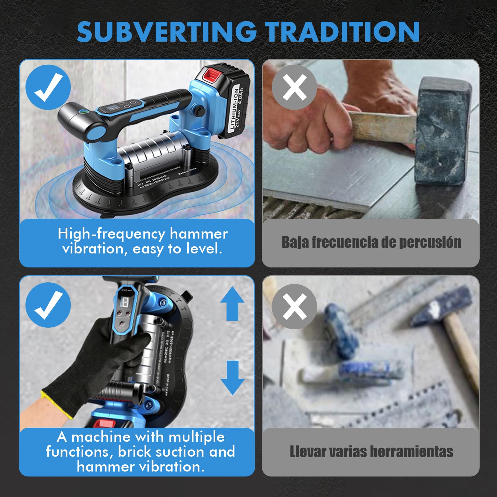 Ventosa Eléctrica para Azulejos, Cargas 200KG, Baterías 2x4000mAh, Pantalla LCD, 9 Velocidades, Vibrador Azulejos para Levantar Cristales, Mármol, Cerámica y Vidrio