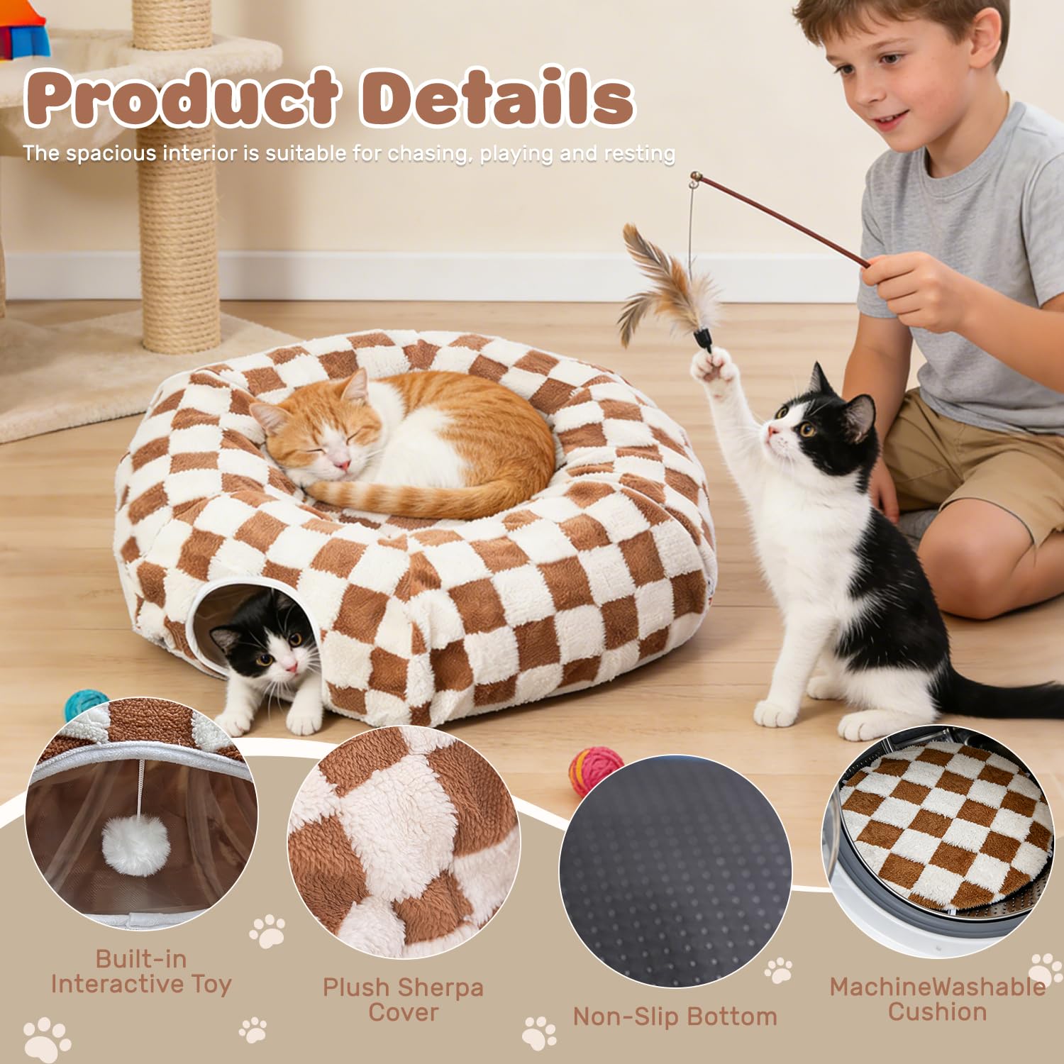Tunnel de jeu 2 en 1 pour chat et chat avec jouet suspendu, tunnel pour chat XXL avec 2 entrées, coussin lavable, tunnel pliable